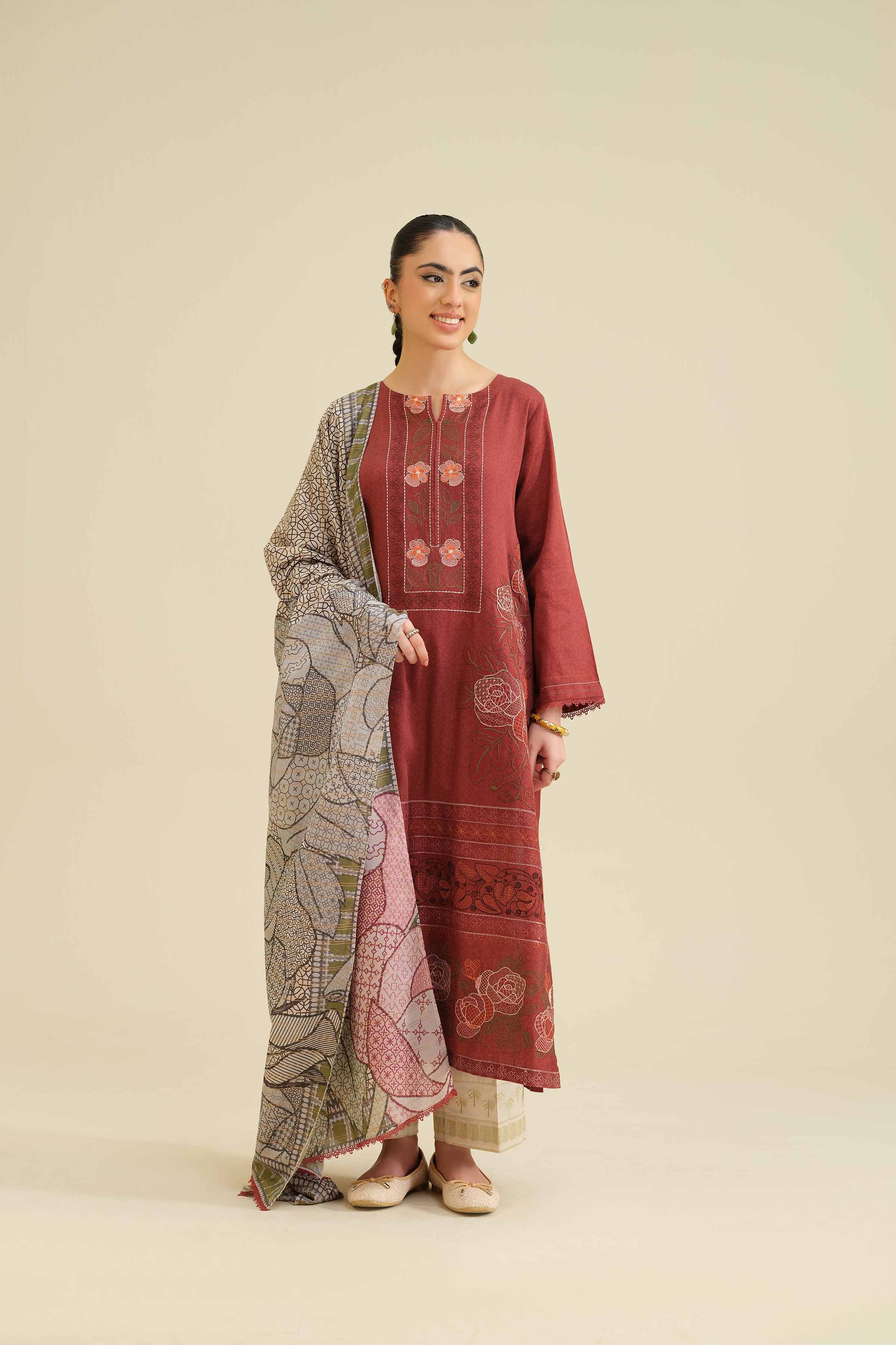 2 Piece - Printed Embroidered Suit - PW25-74 READY TO WEAR Maroon Sateen 2PC Embroidered