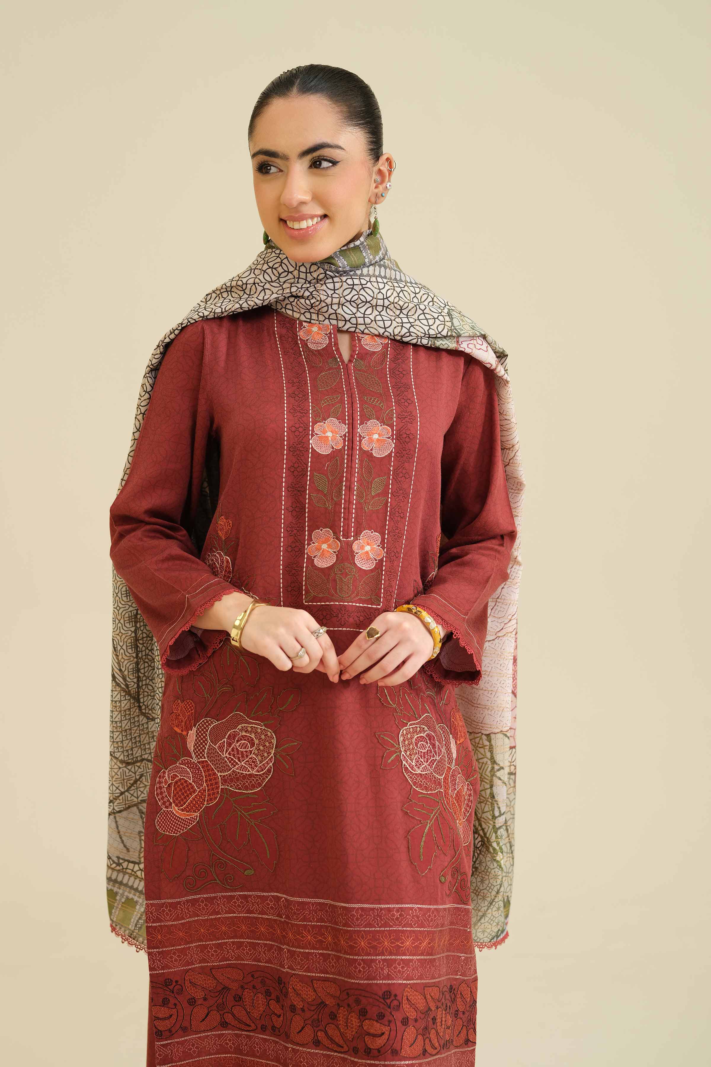 2 Piece - Printed Embroidered Suit - PW25-74 READY TO WEAR Maroon Sateen 2PC Embroidered