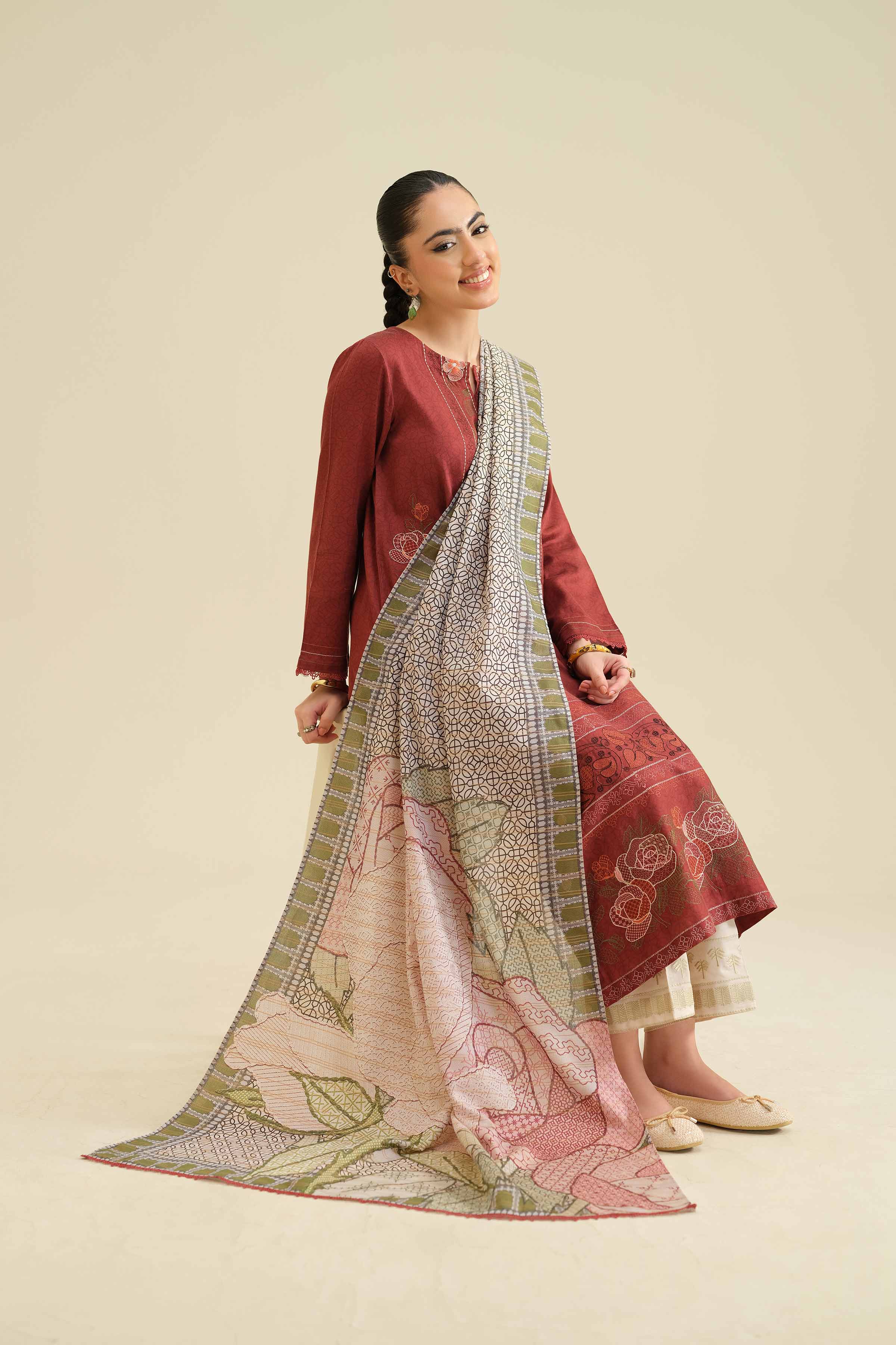2 Piece - Printed Embroidered Suit - PW25-74 READY TO WEAR Maroon Sateen 2PC Embroidered