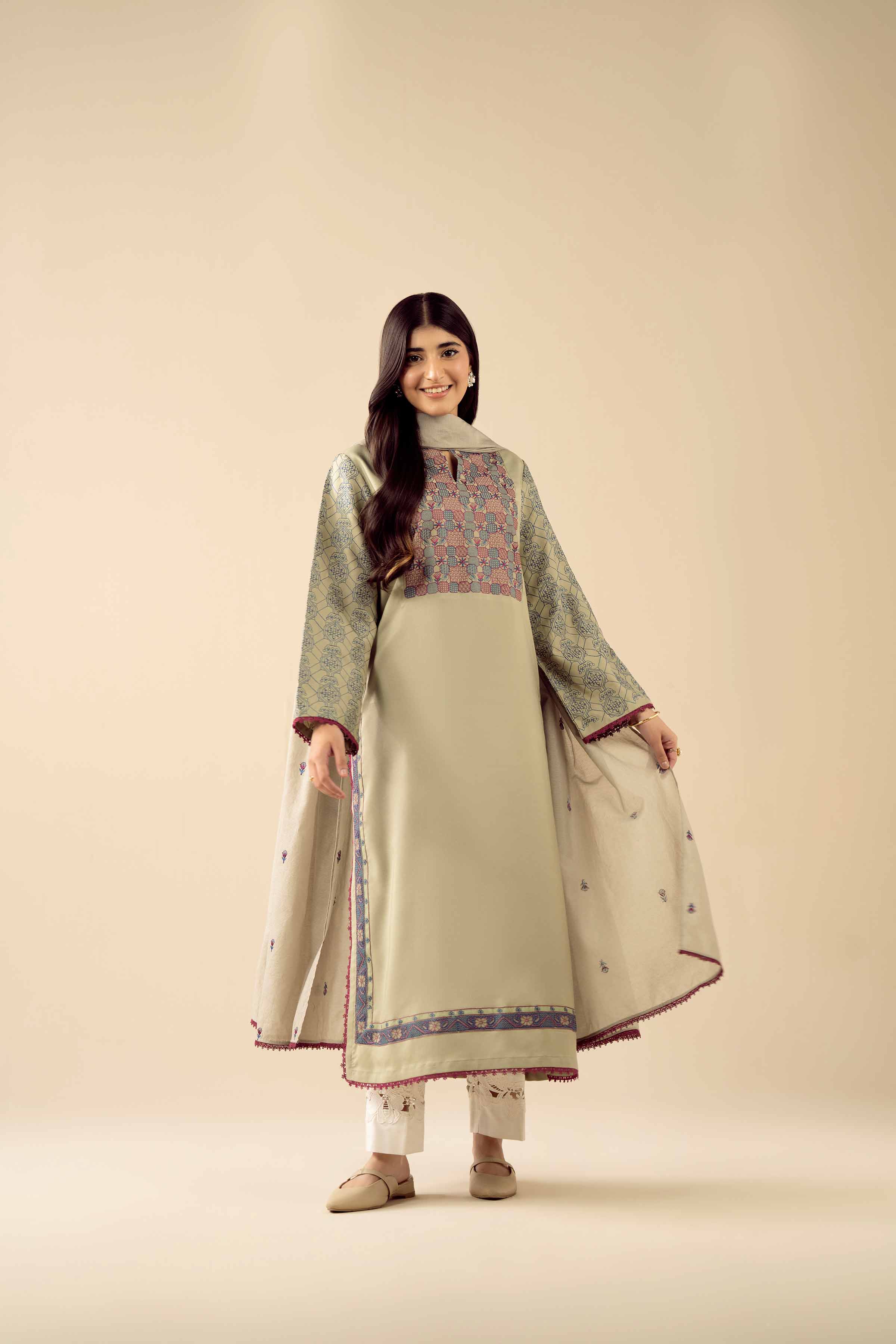 2 Piece - Embroidered Suit - PW25-77 READY TO WEAR Green Viscose 2PC Embroidered