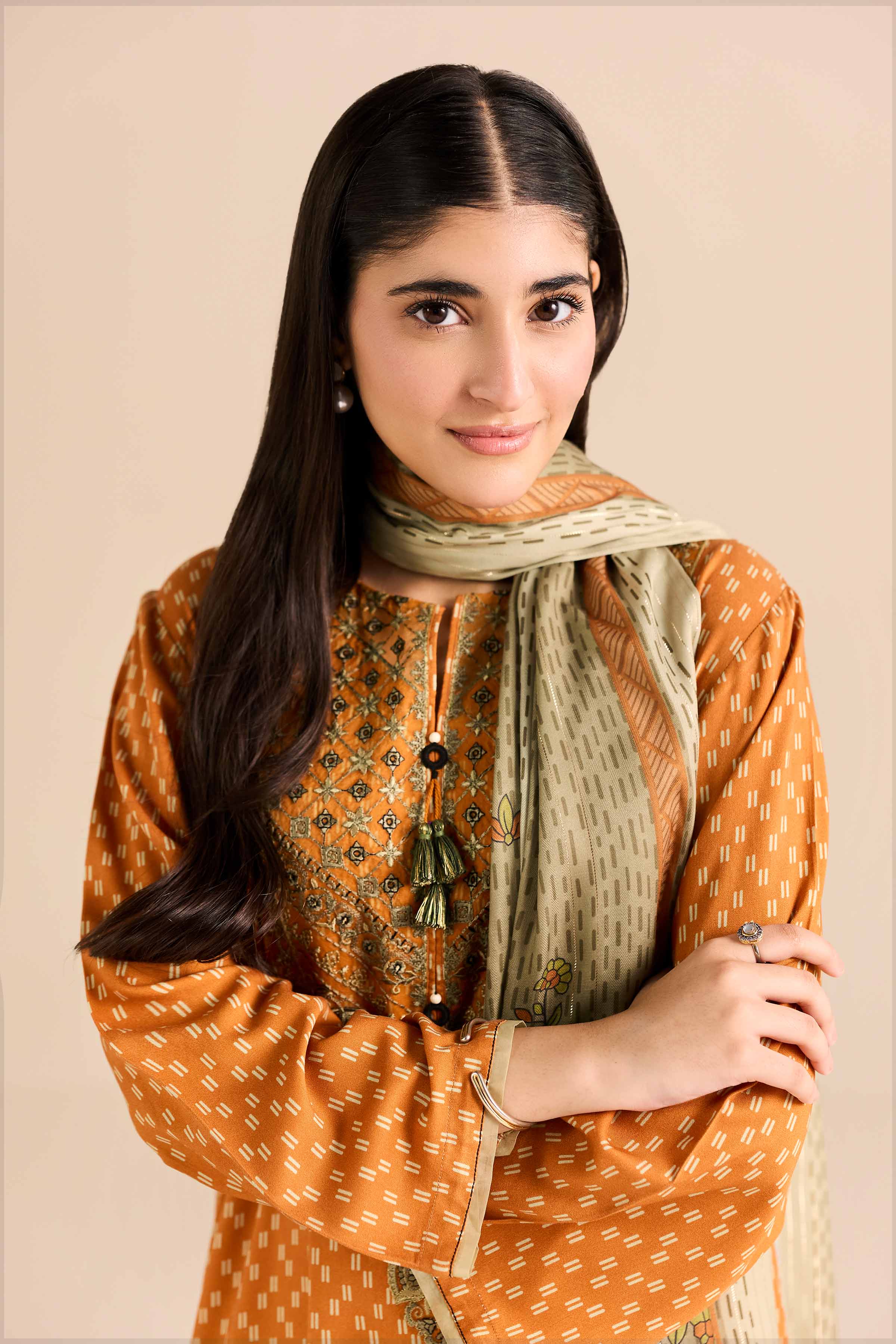 2 Piece - Printed Embroidered Suit - PW25-78 READY TO WEAR Orange Marina 2PC Embroidered