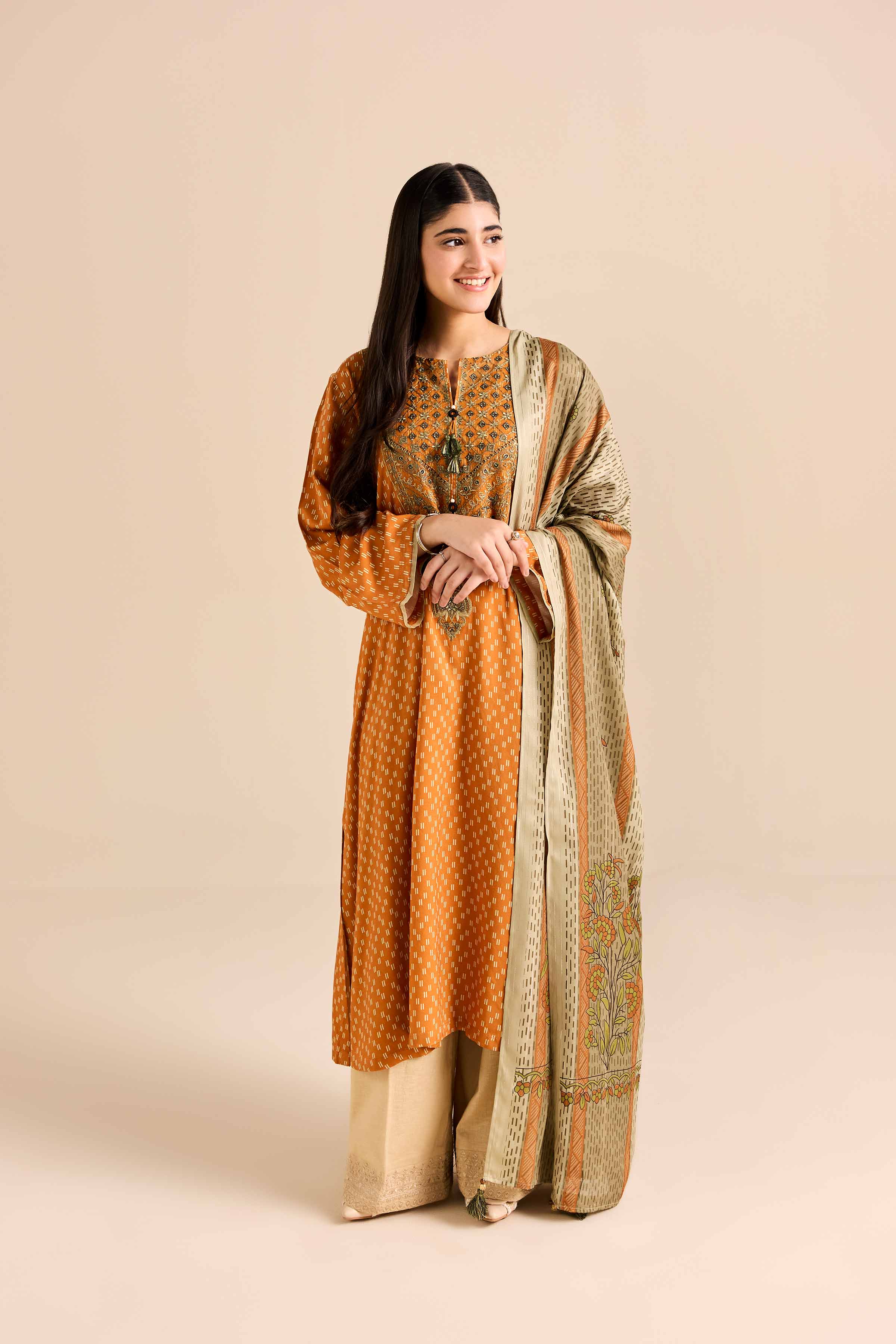 2 Piece - Printed Embroidered Suit - PW25-78 READY TO WEAR Orange Marina 2PC Embroidered