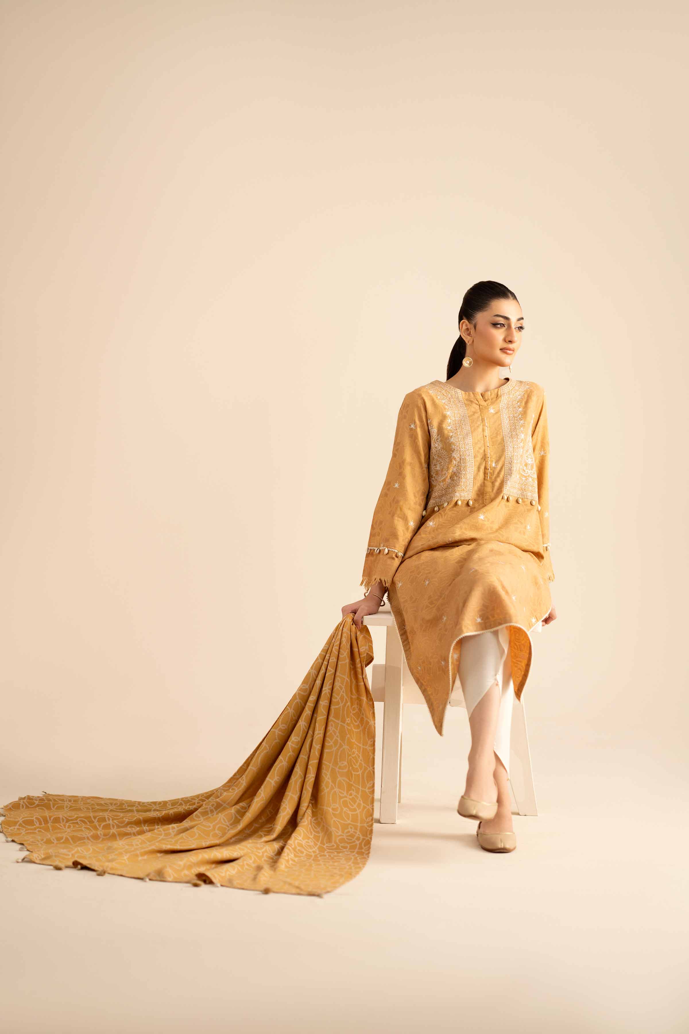 2 Piece - Embroidered Suit - PW25-92 READY TO WEAR Yellow Jacquard 2PC Embroidered