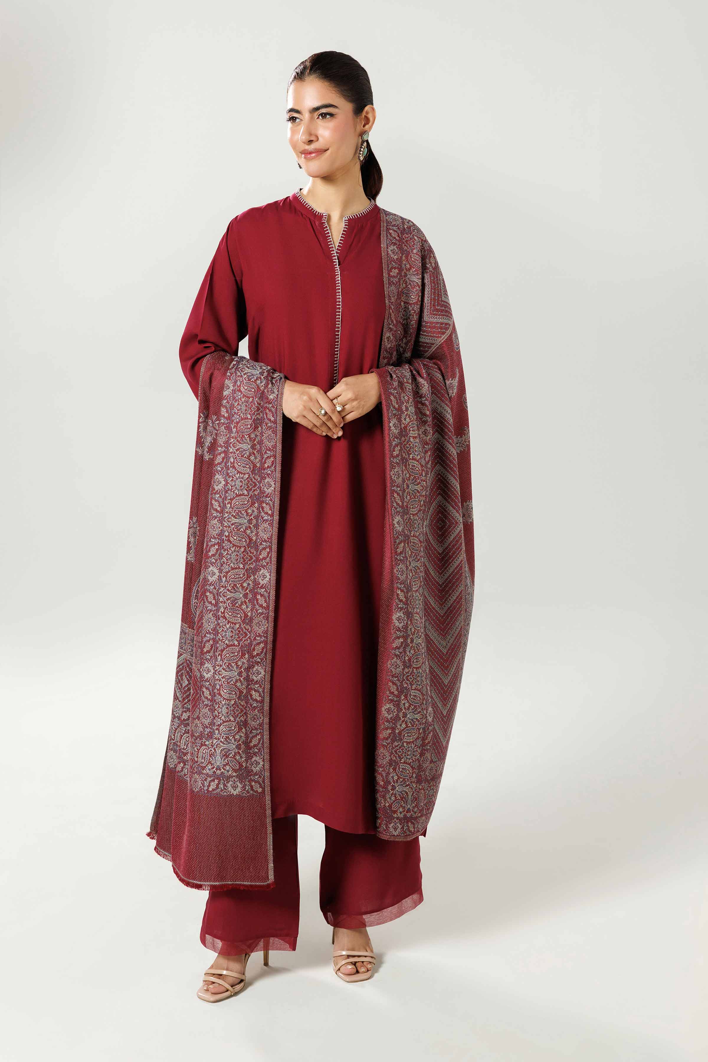 3 Piece - Basic Suit - KFW25-174 READY TO WEAR - LUXURY Maroon Linen 3PC Solids