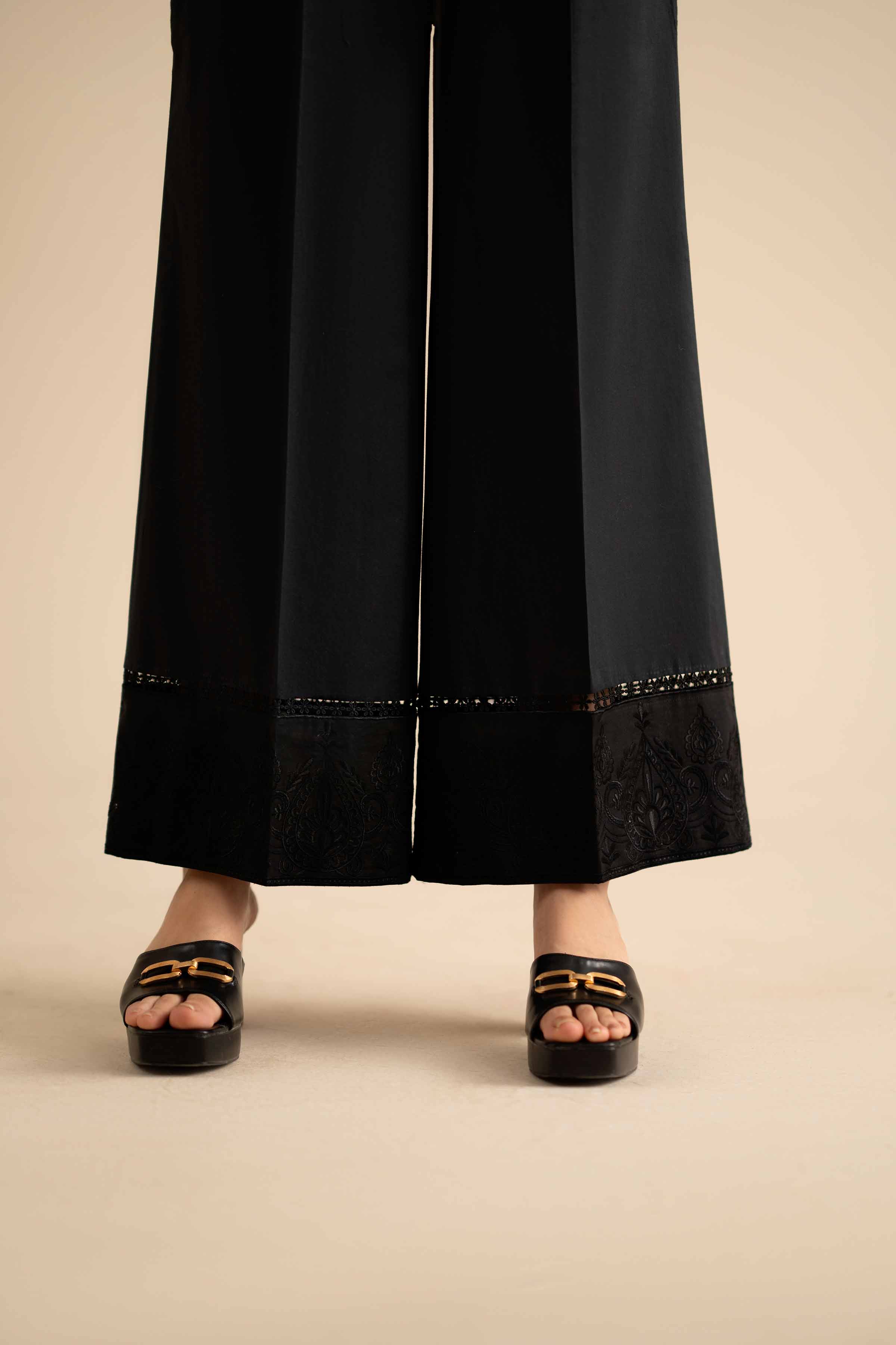 Embroidered Trousers - PW25-166 READY TO WEAR Black Cambric 1PC Embroidered