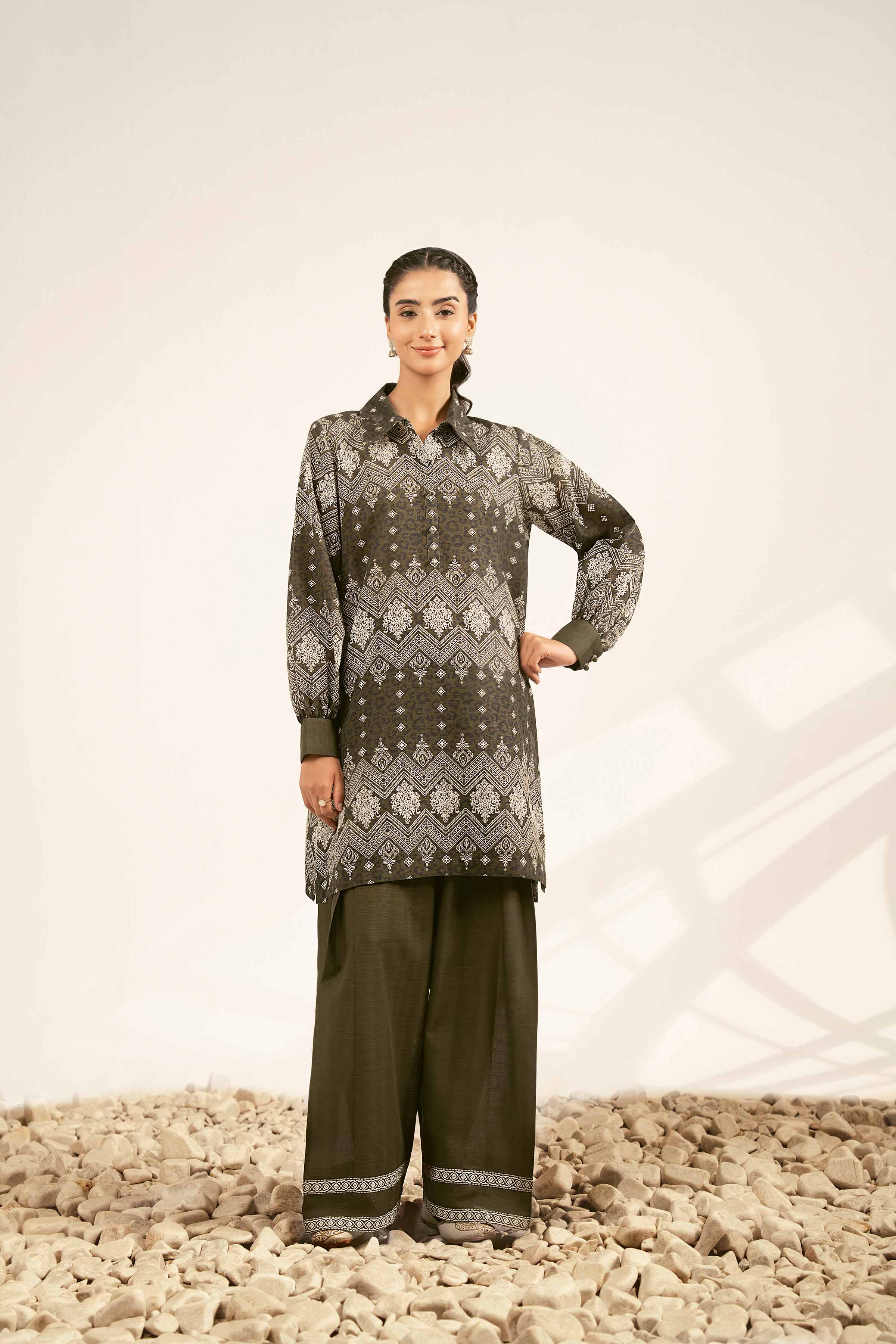 2 Piece - Printed Suit - 42502324 Unstitched Green Khaddar 2PC Printed