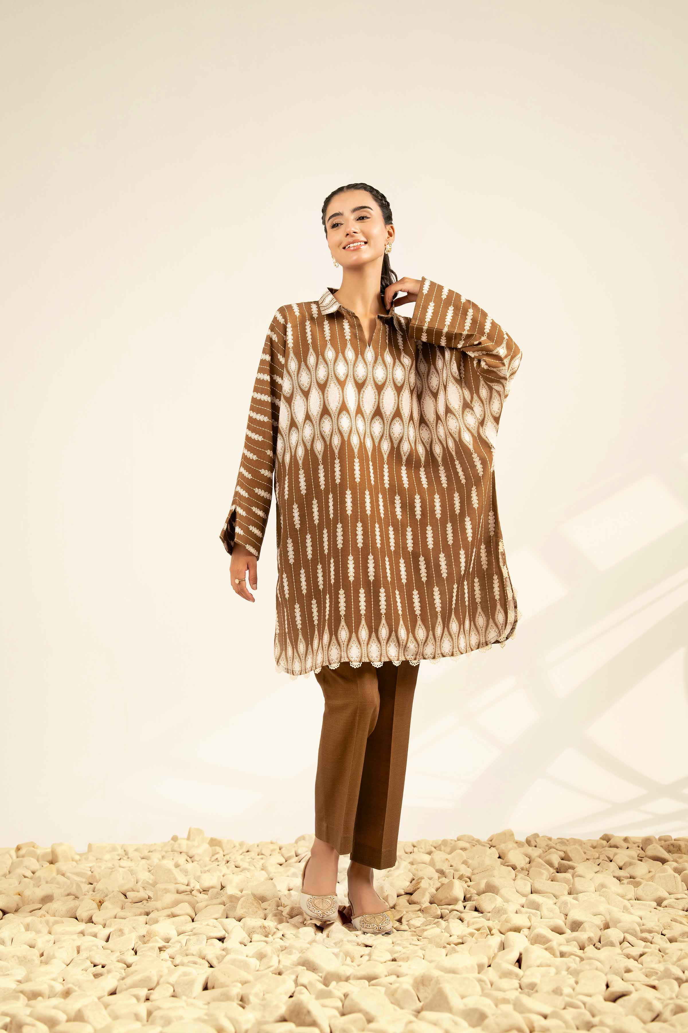 2 Piece - Printed Suit - 42502326 Unstitched Brown Khaddar 2PC Printed