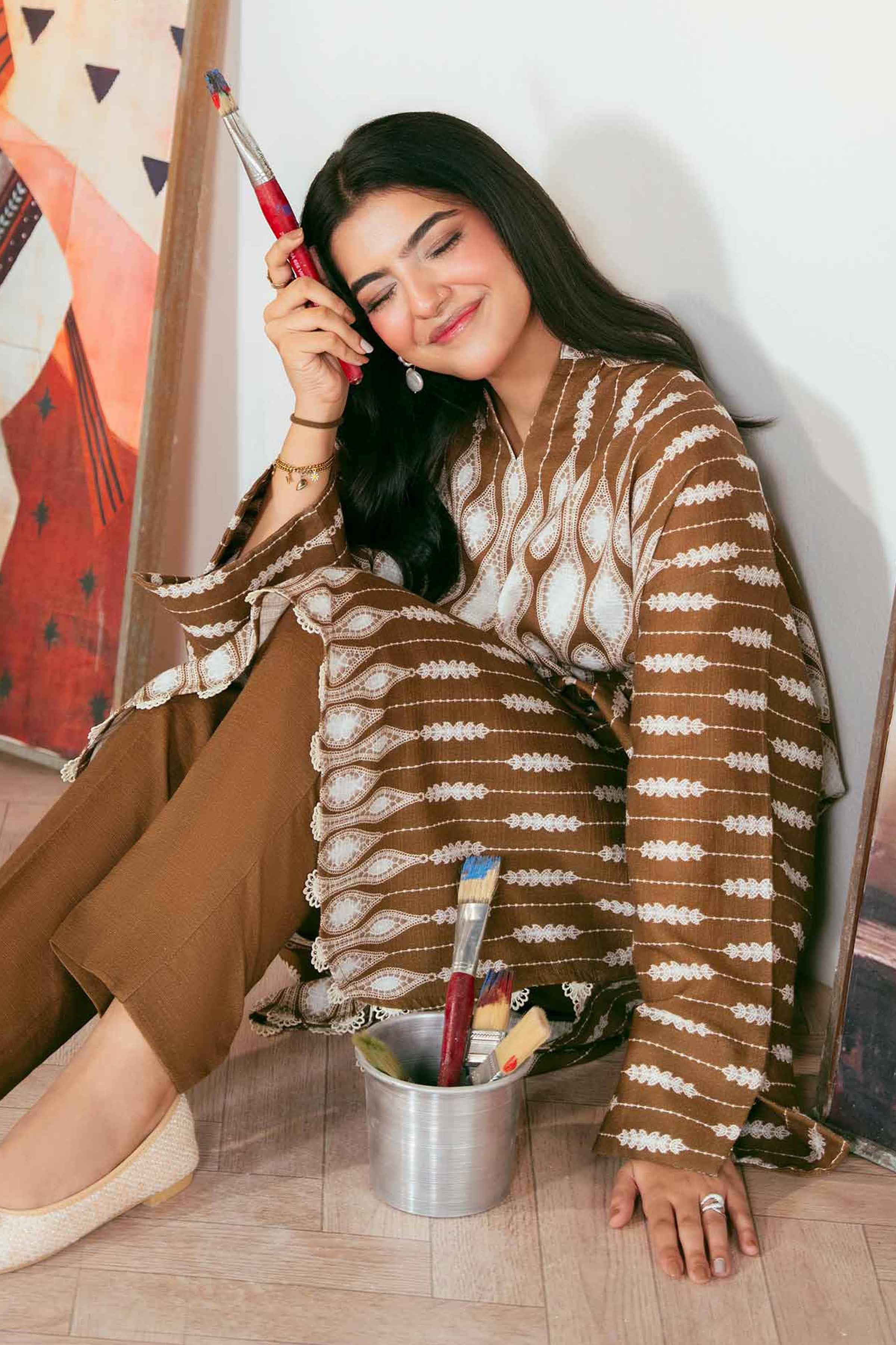 2 Piece - Printed Suit - 42502326 Unstitched Brown Khaddar 2PC Printed