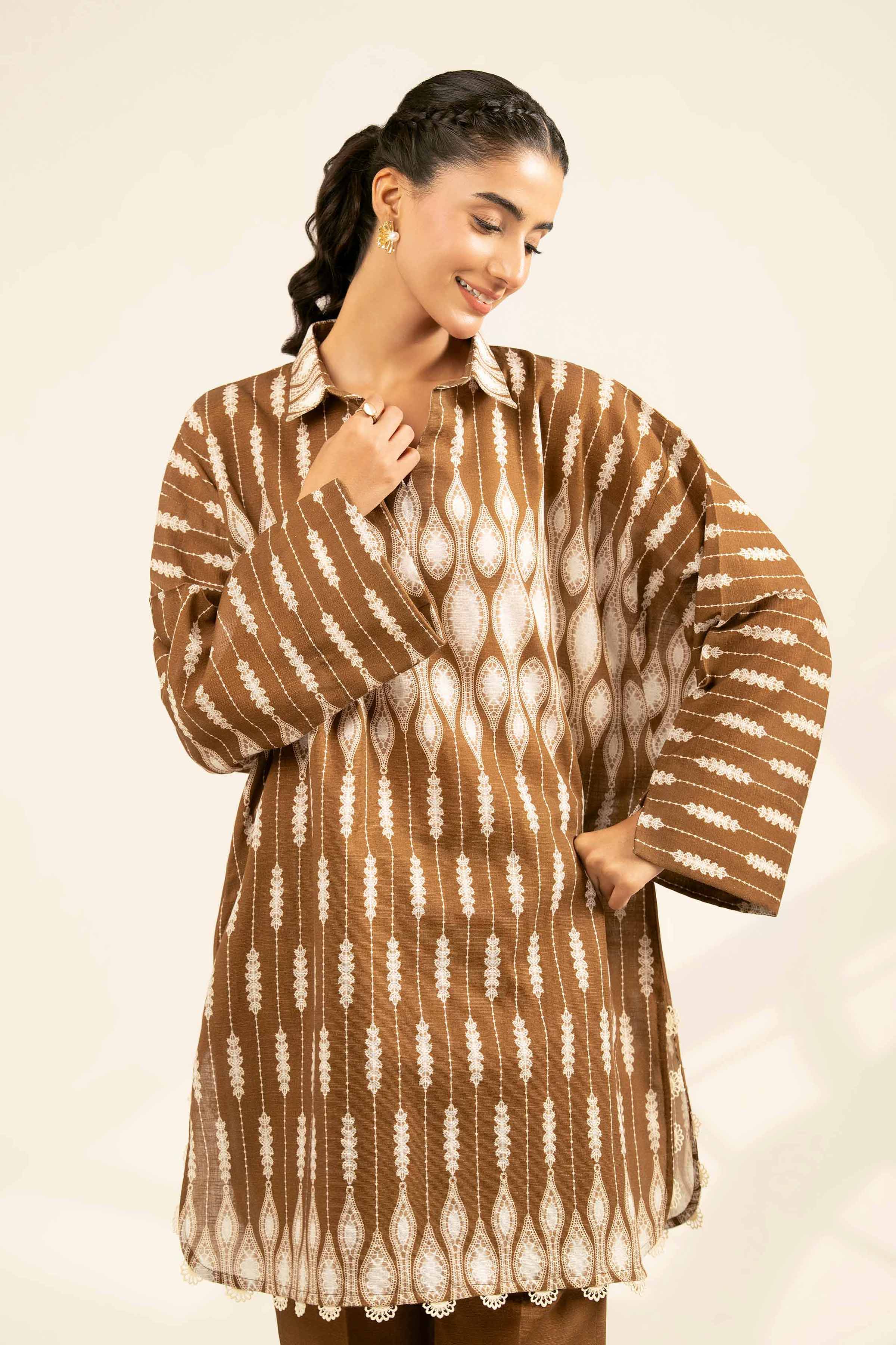 2 Piece - Printed Suit - 42502326 Unstitched Brown Khaddar 2PC Printed