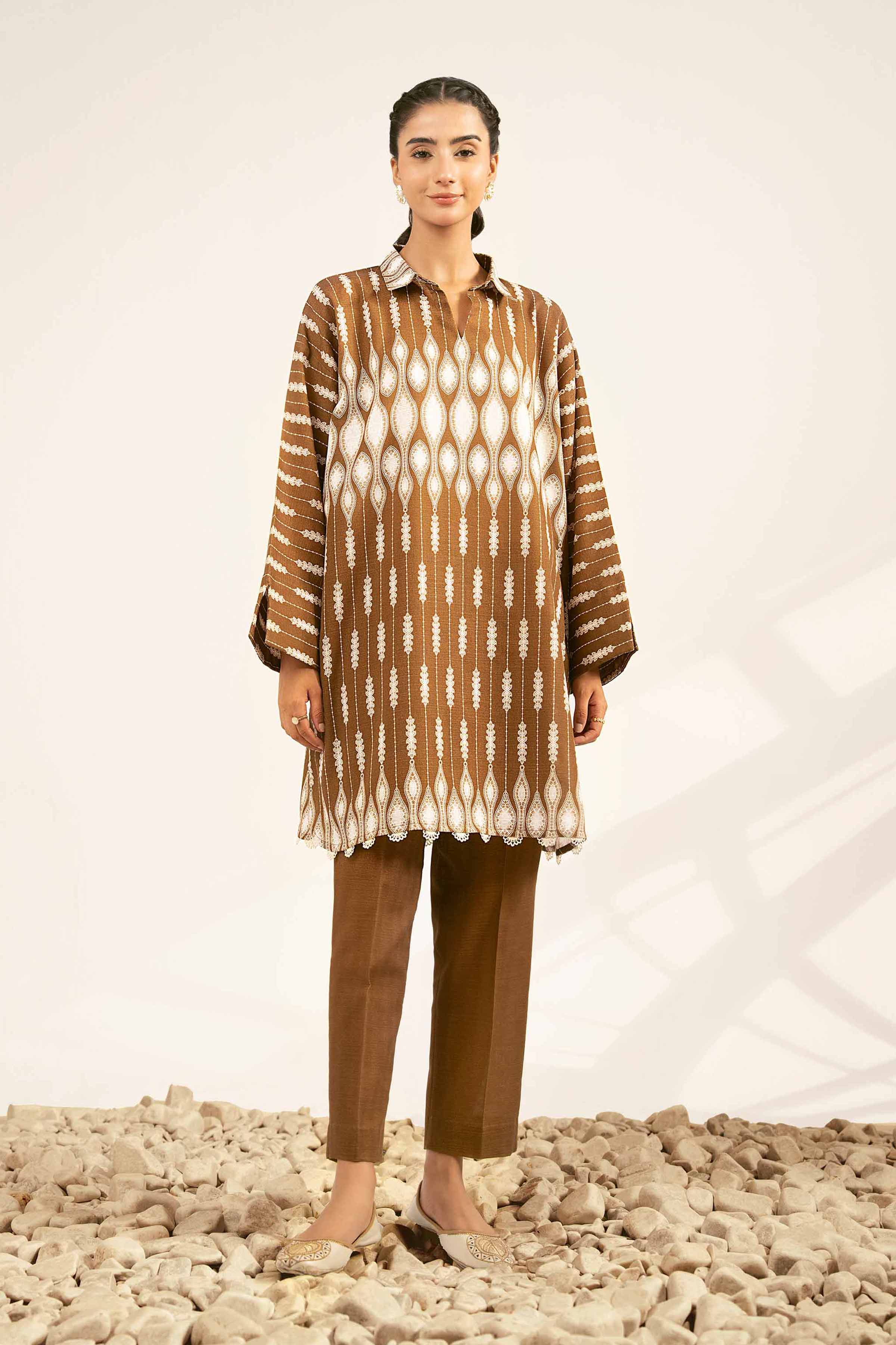 2 Piece - Printed Suit - 42502326 Unstitched Brown Khaddar 2PC Printed