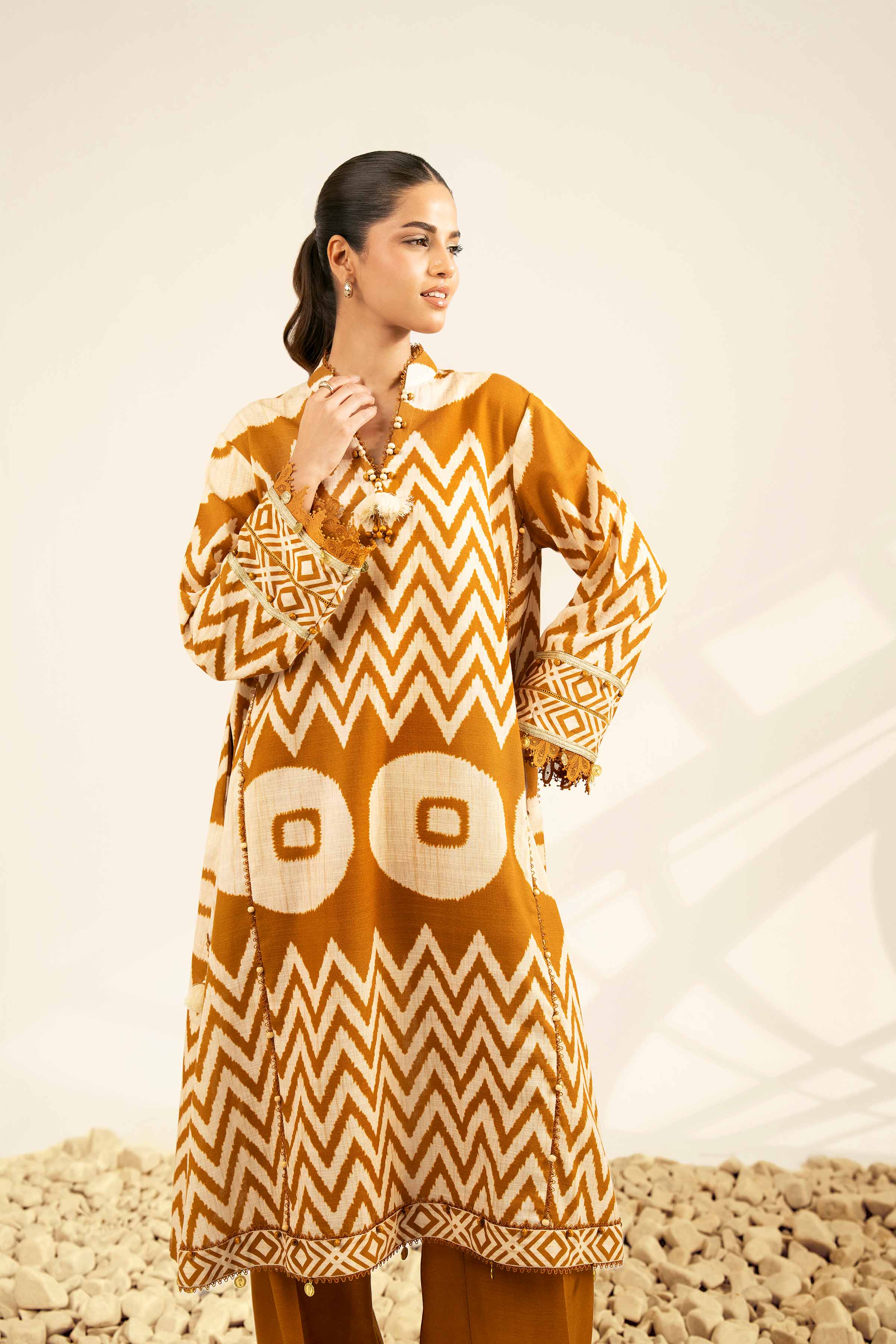 2 Piece - Printed Suit - 42502327 Unstitched Brown Khaddar 2PC Printed