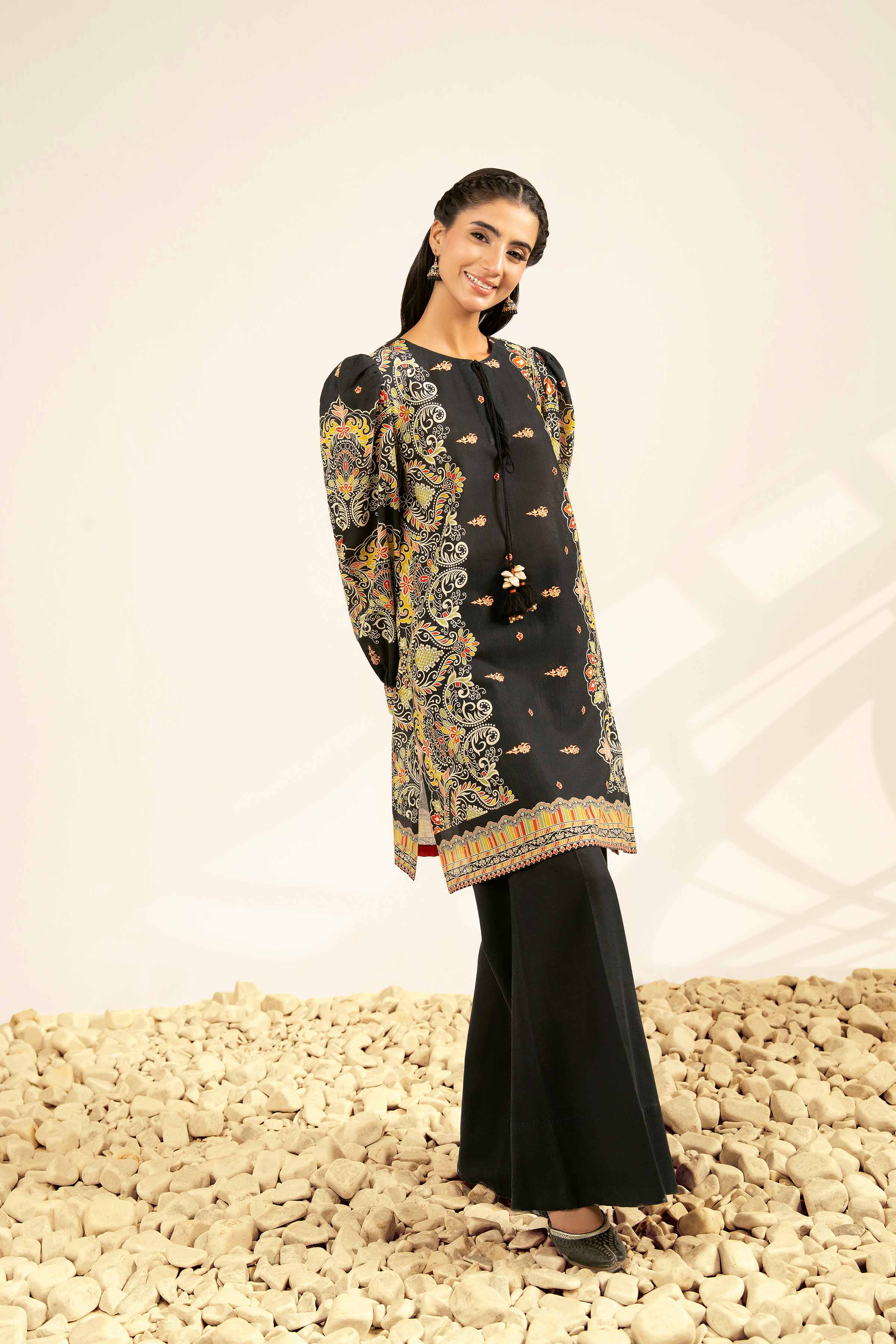 2 Piece - Printed Suit - 42502328 Unstitched Black Khaddar 2PC Printed