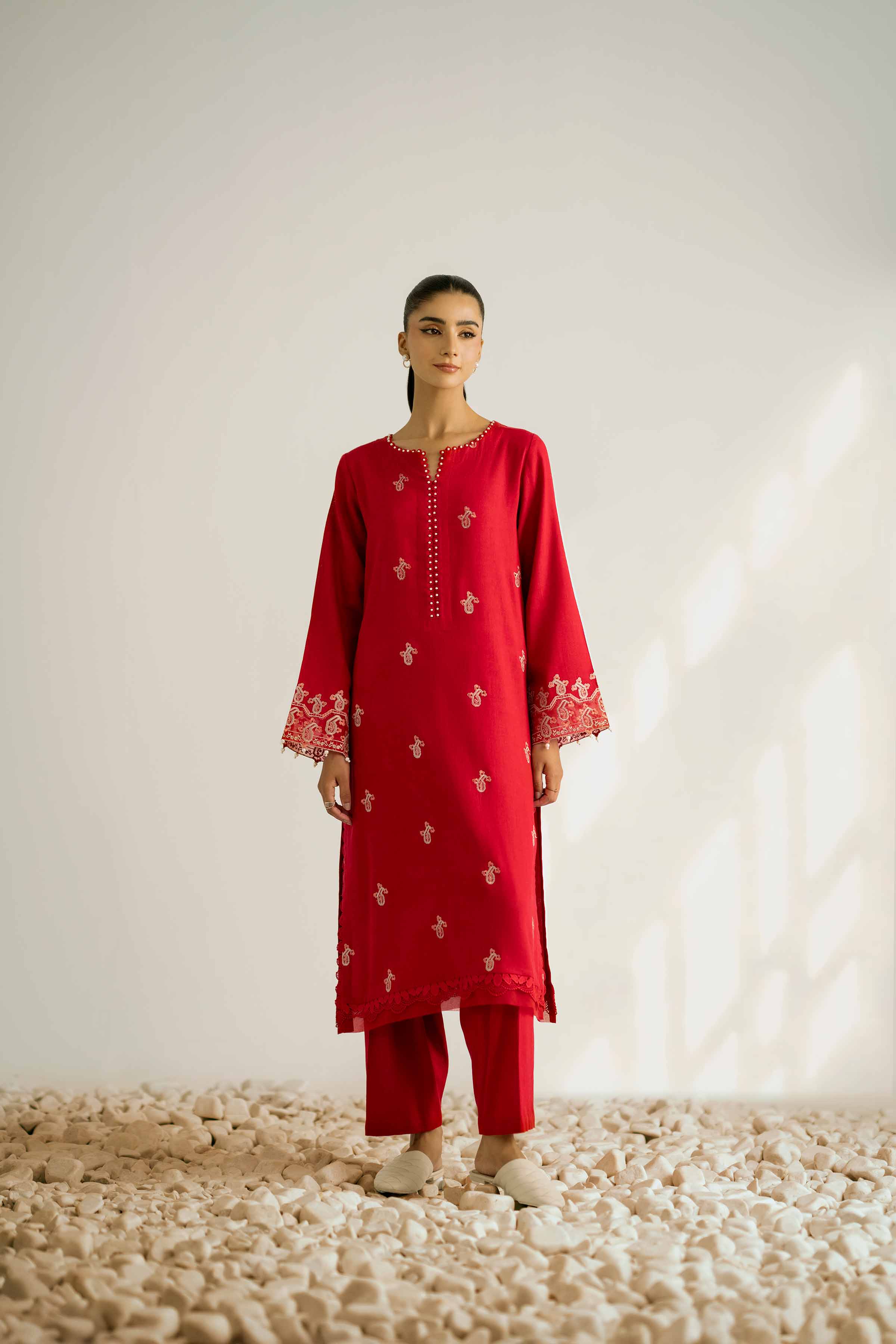 2 Piece - Embroidered Suit - 42502353 Unstitched Red Khaddar 2PC Embroidered