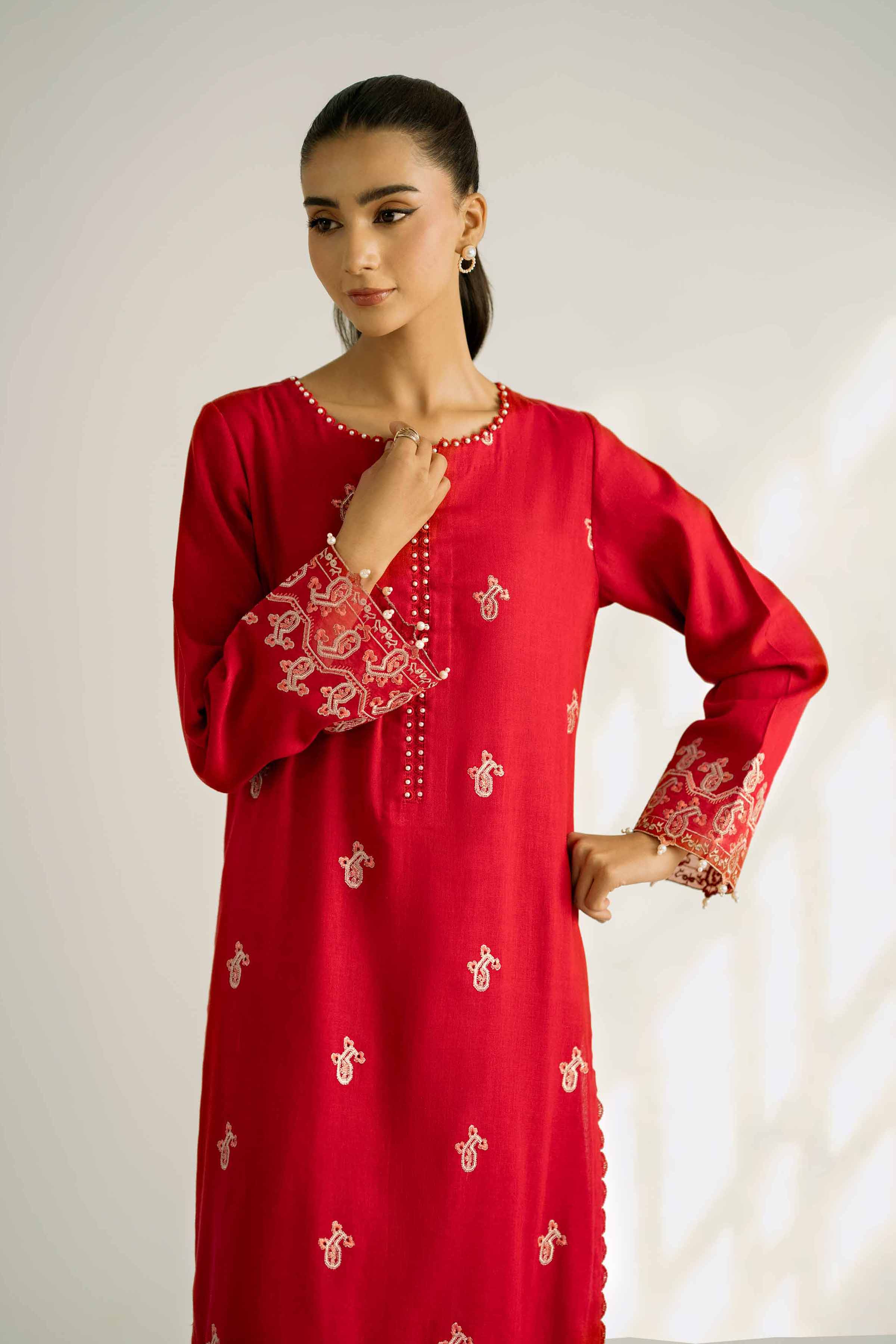 2 Piece - Embroidered Suit - 42502353 Unstitched Red Khaddar 2PC Embroidered