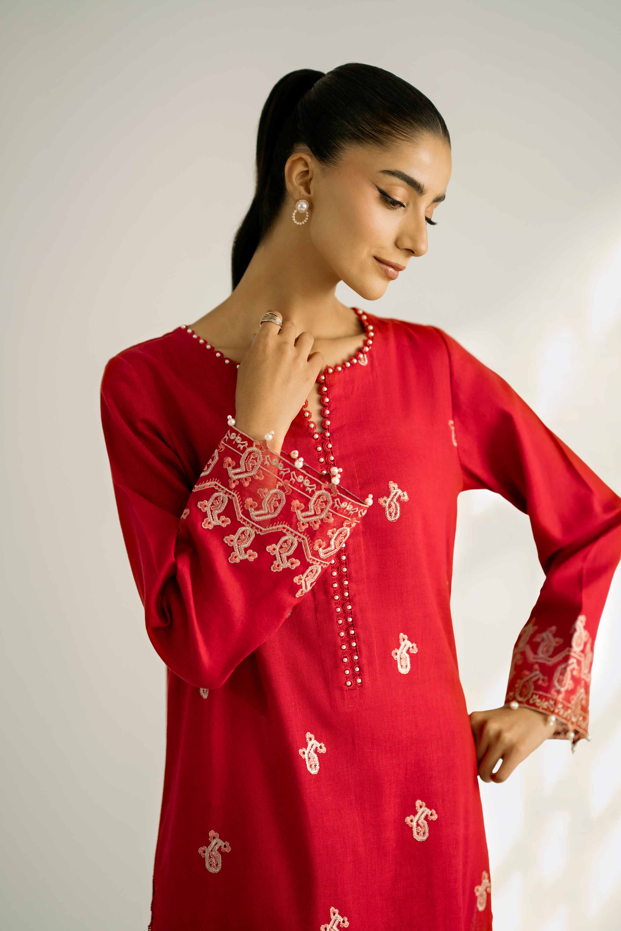 2 Piece - Embroidered Suit - 42502353 Unstitched Red Khaddar 2PC Embroidered
