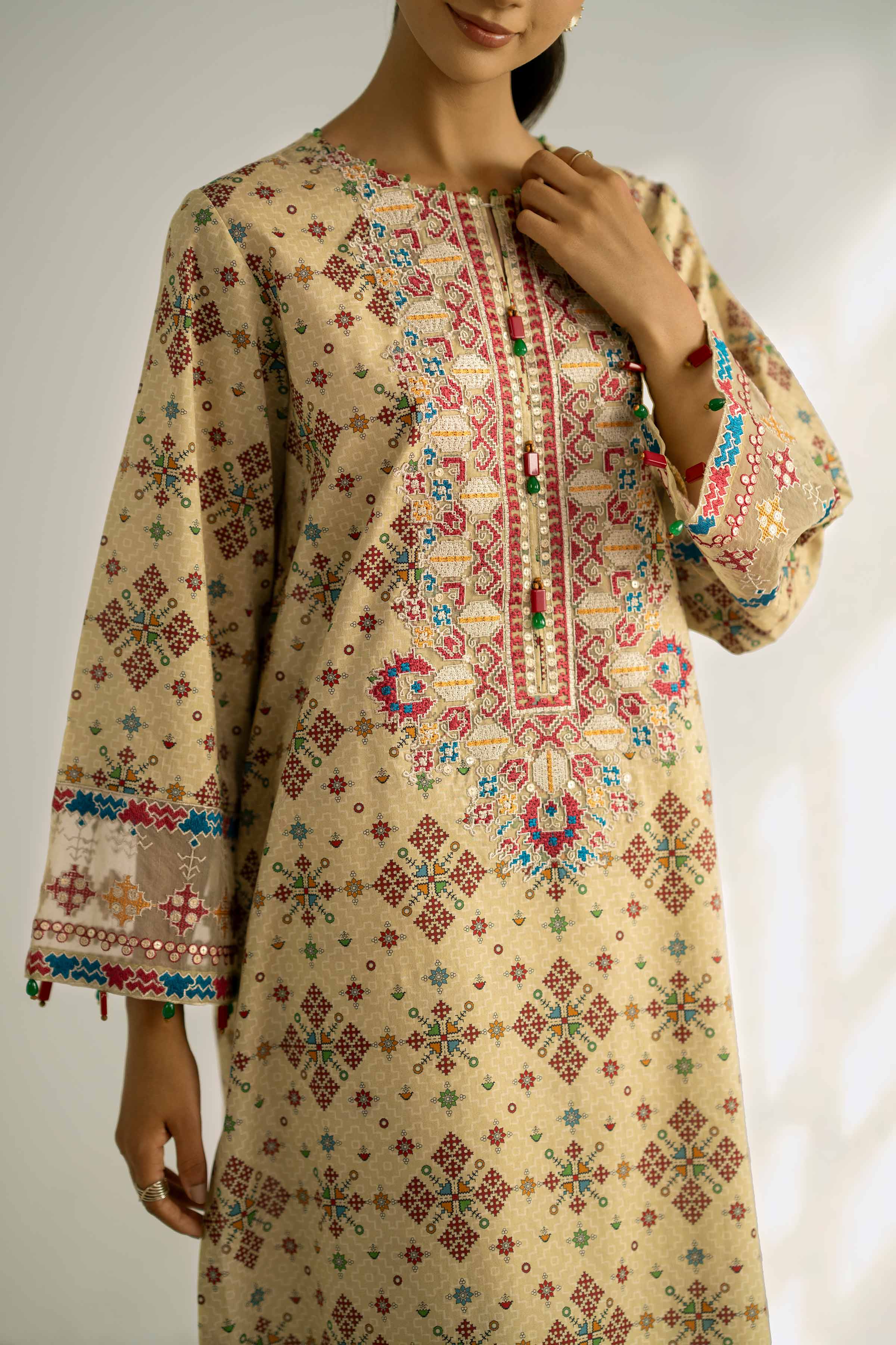 2 Piece - Printed Embroidered Suit - 42502354 Unstitched Green Cambric 2PC Embroidered