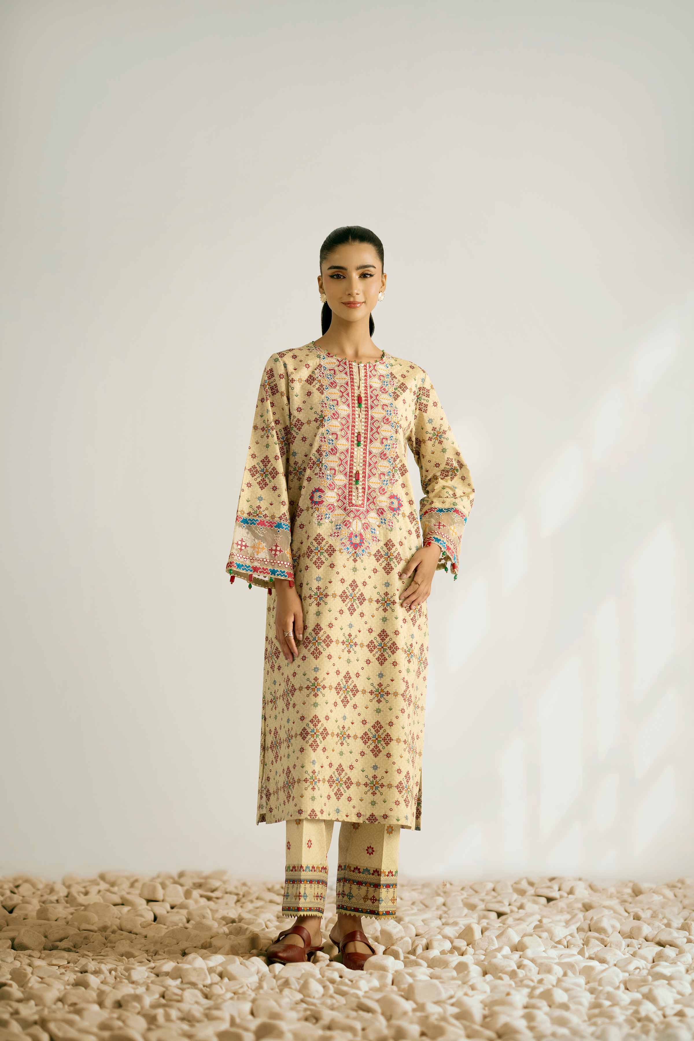 2 Piece - Printed Embroidered Suit - 42502354 Unstitched Green Cambric 2PC Embroidered