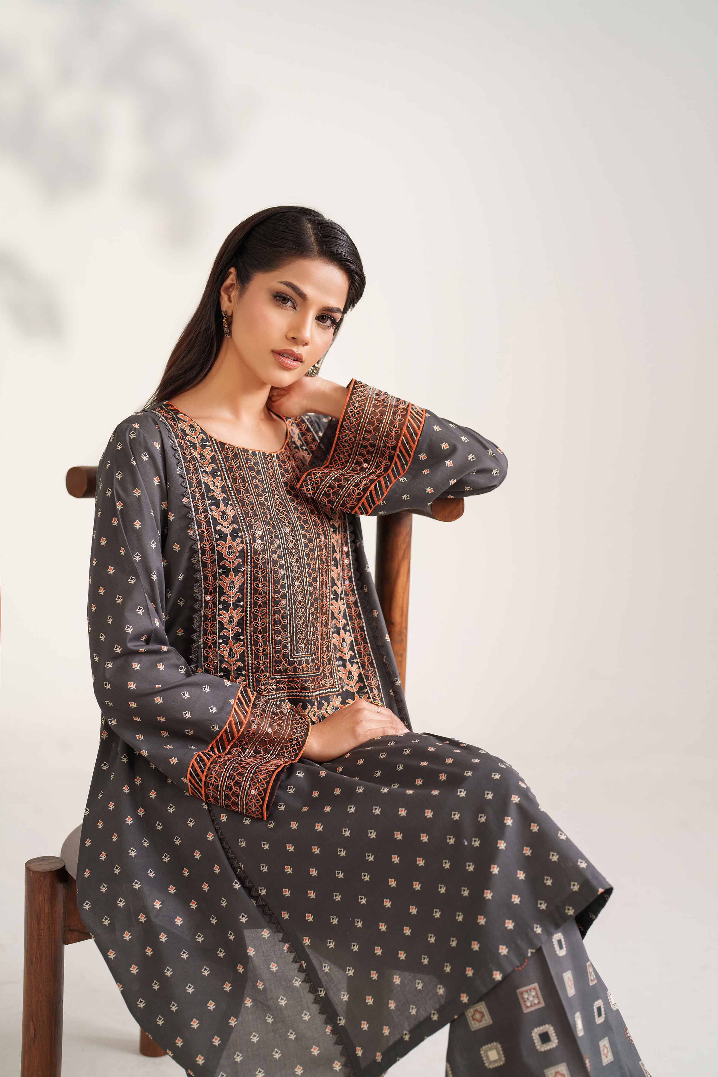 2 Piece - Printed Embroidered Suit - 42502355 Unstitched Grey Cambric 2PC Embroidered