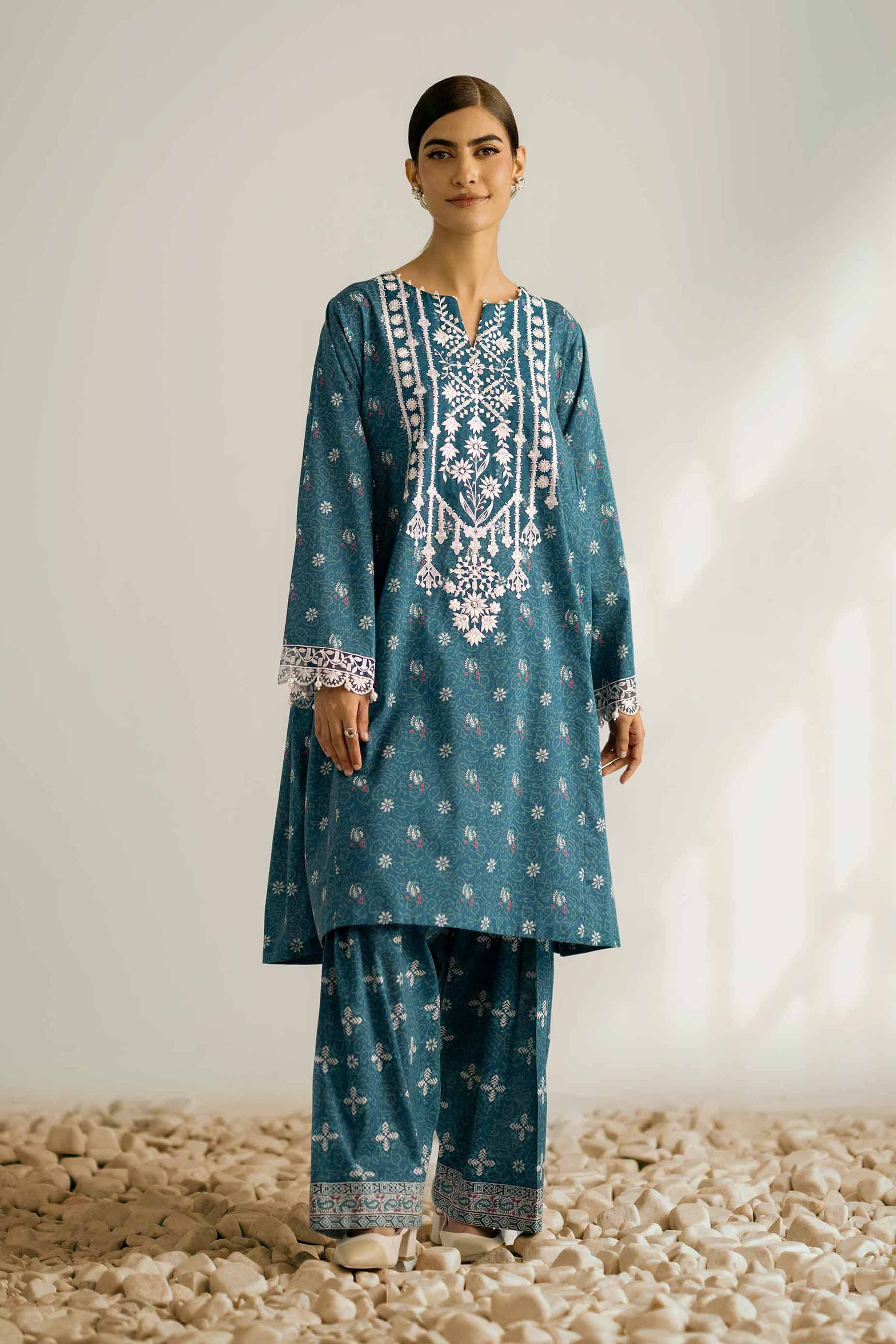 2 Piece - Printed Embroidered Suit - 42502356 Unstitched Blue Cambric 2PC Embroidered