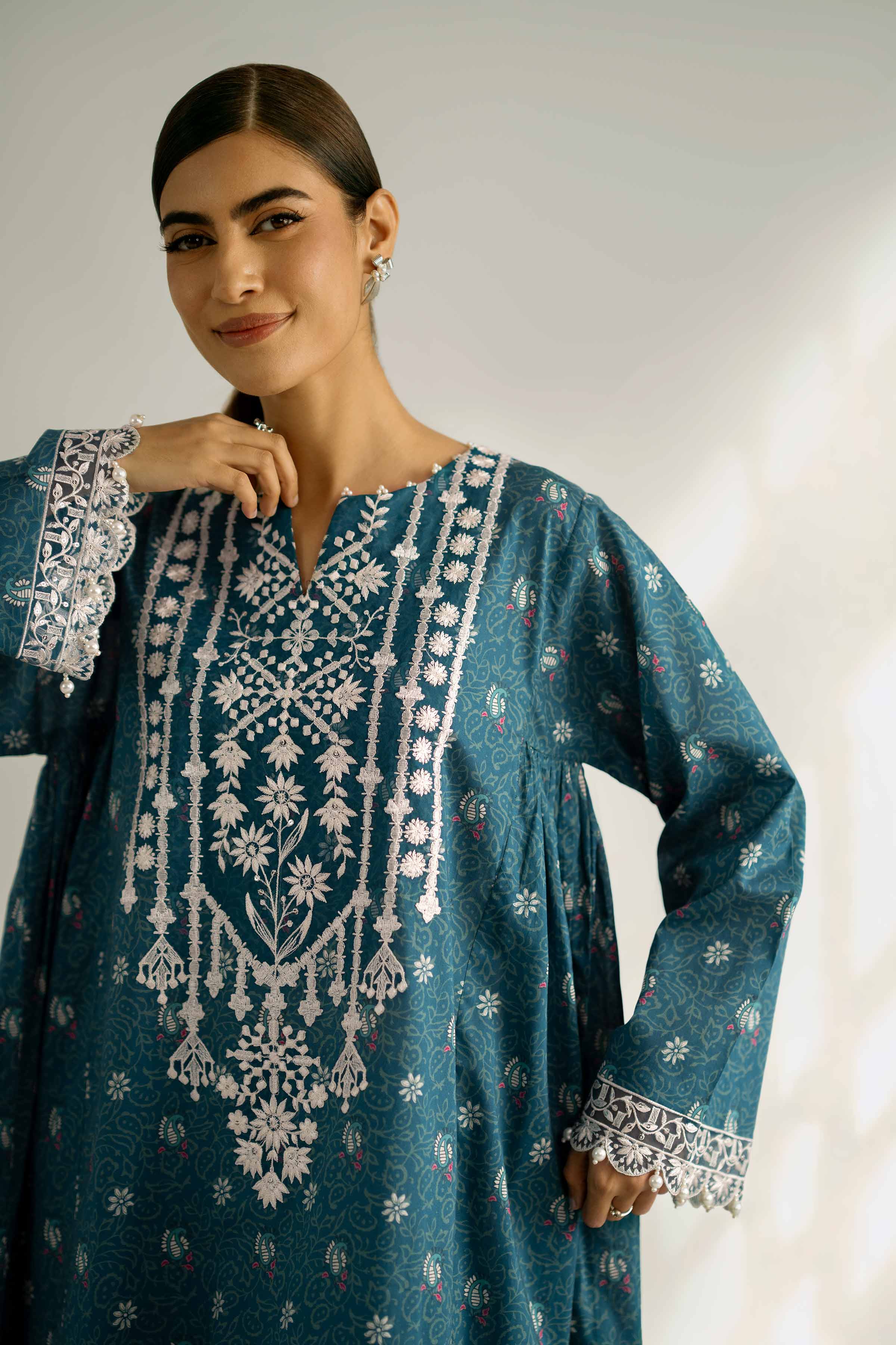 2 Piece - Printed Embroidered Suit - 42502356 Unstitched Blue Cambric 2PC Embroidered