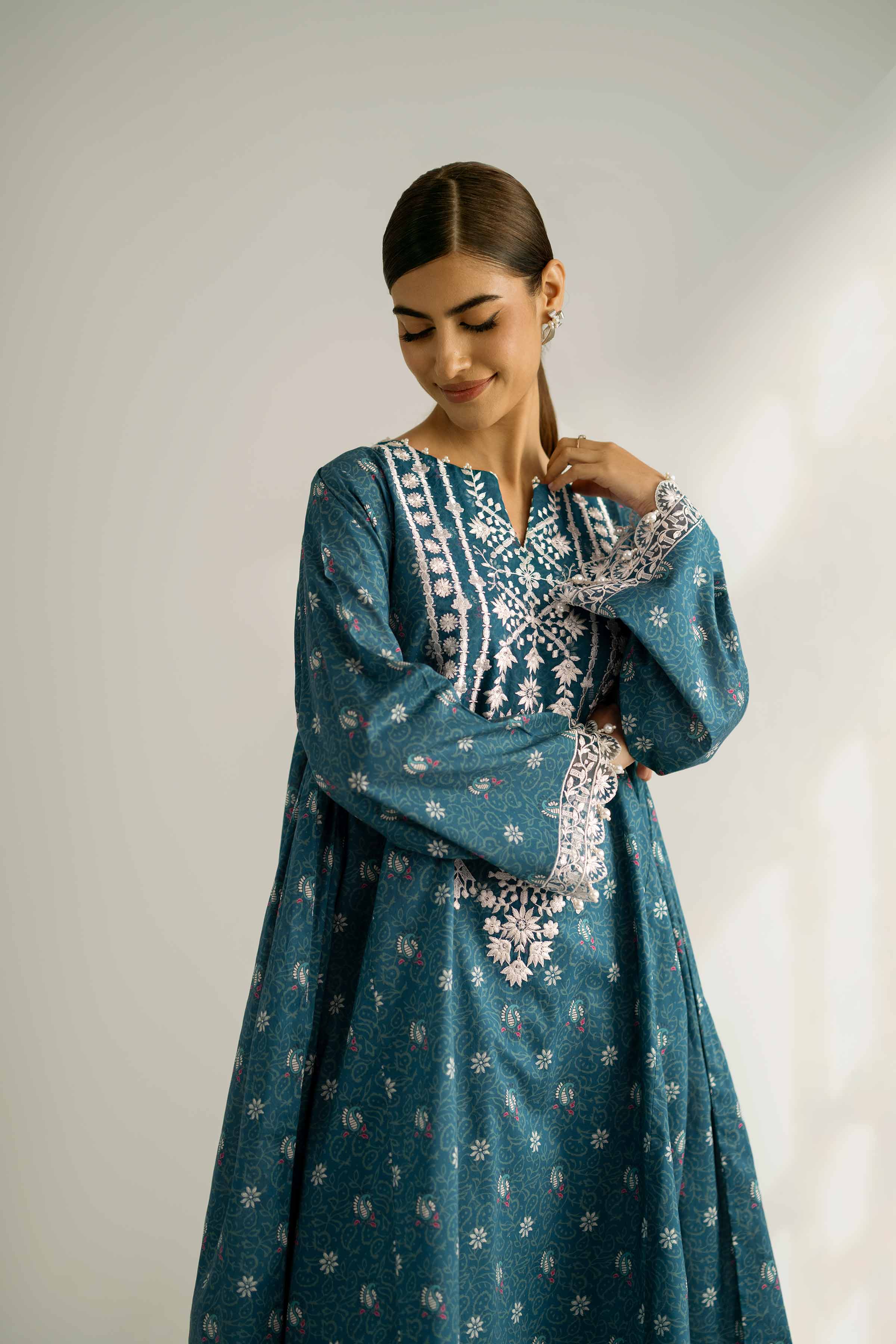 2 Piece - Printed Embroidered Suit - 42502356 Unstitched Blue Cambric 2PC Embroidered