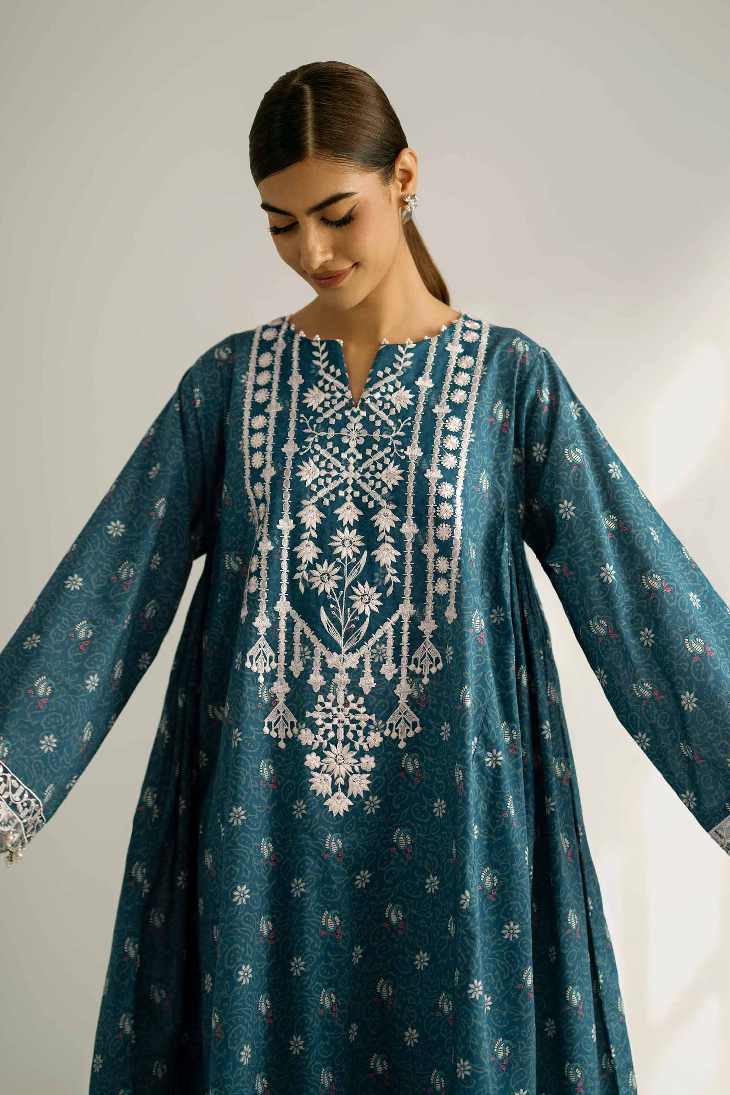 2 Piece - Printed Embroidered Suit - 42502356 Unstitched Blue Cambric 2PC Embroidered