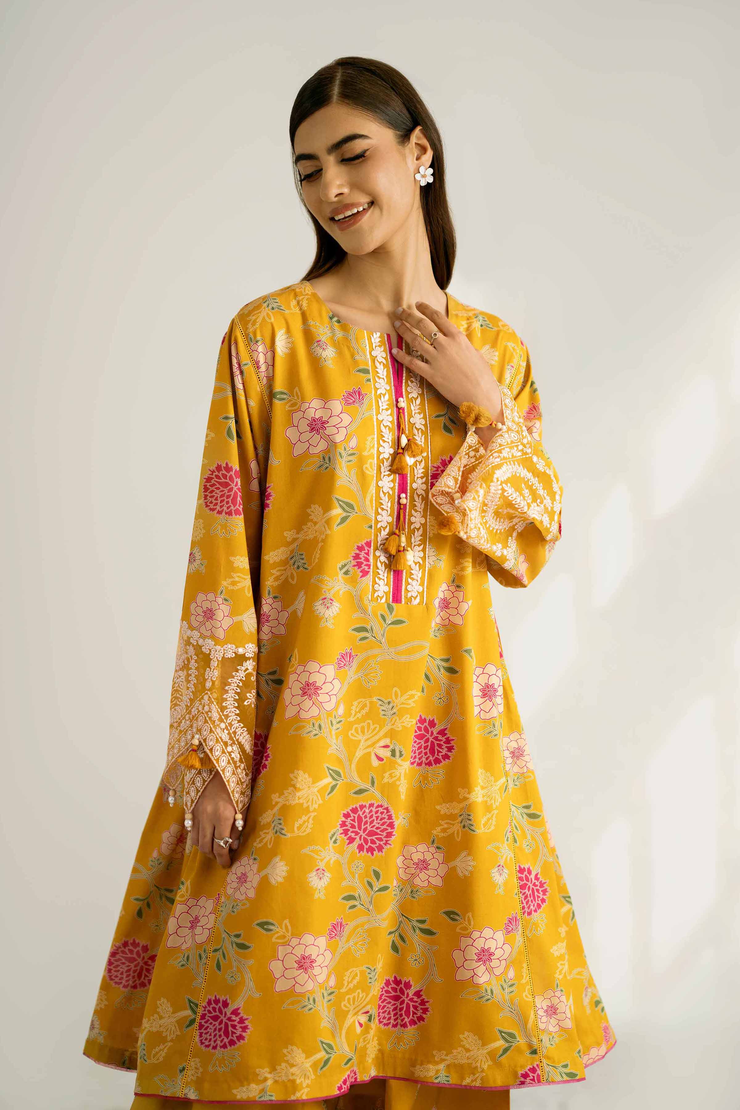 2 Piece - Printed Embroidered Suit - 42502357 Unstitched Yellow Cambric 2PC Embroidered