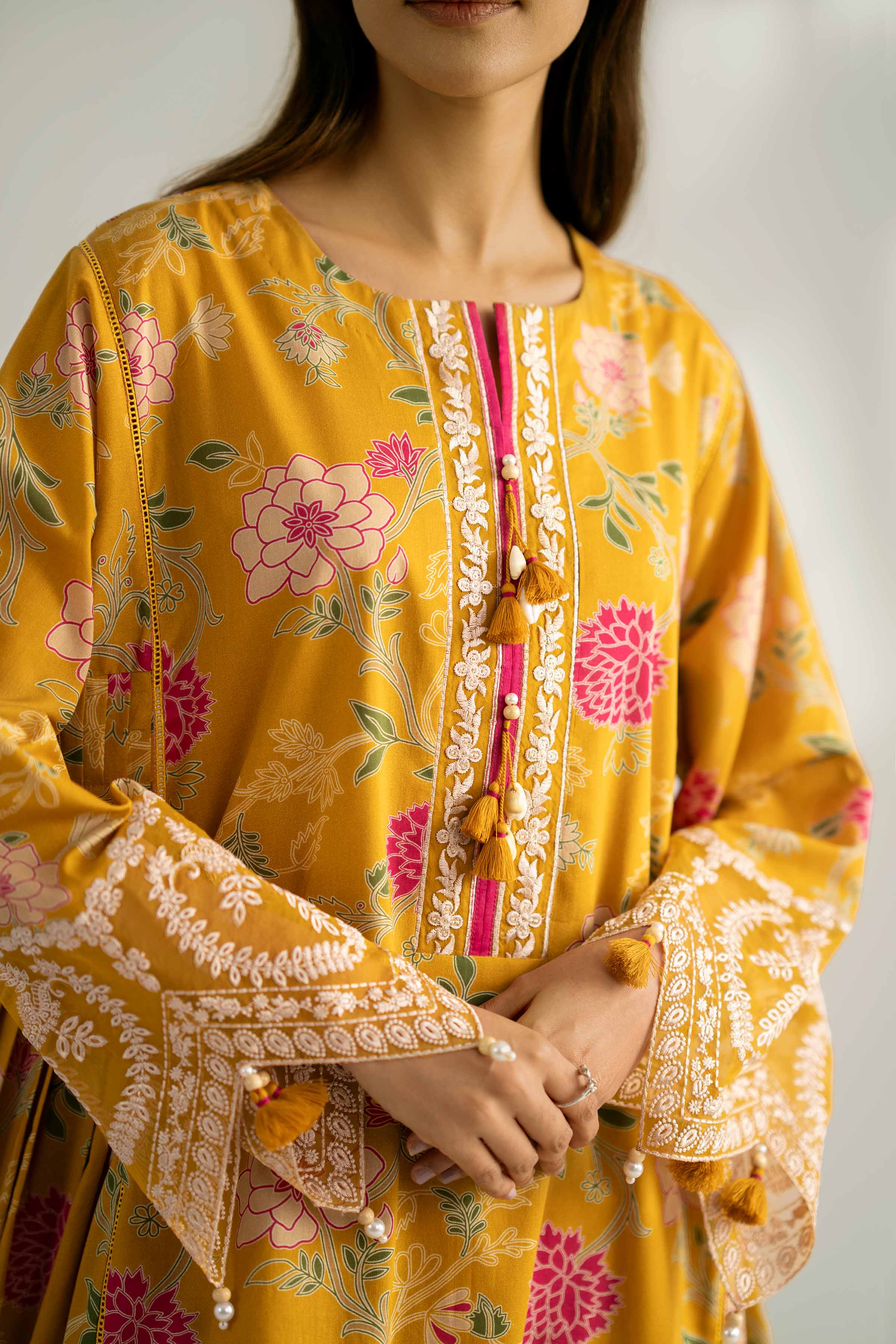 2 Piece - Printed Embroidered Suit - 42502357 Unstitched Yellow Cambric 2PC Embroidered