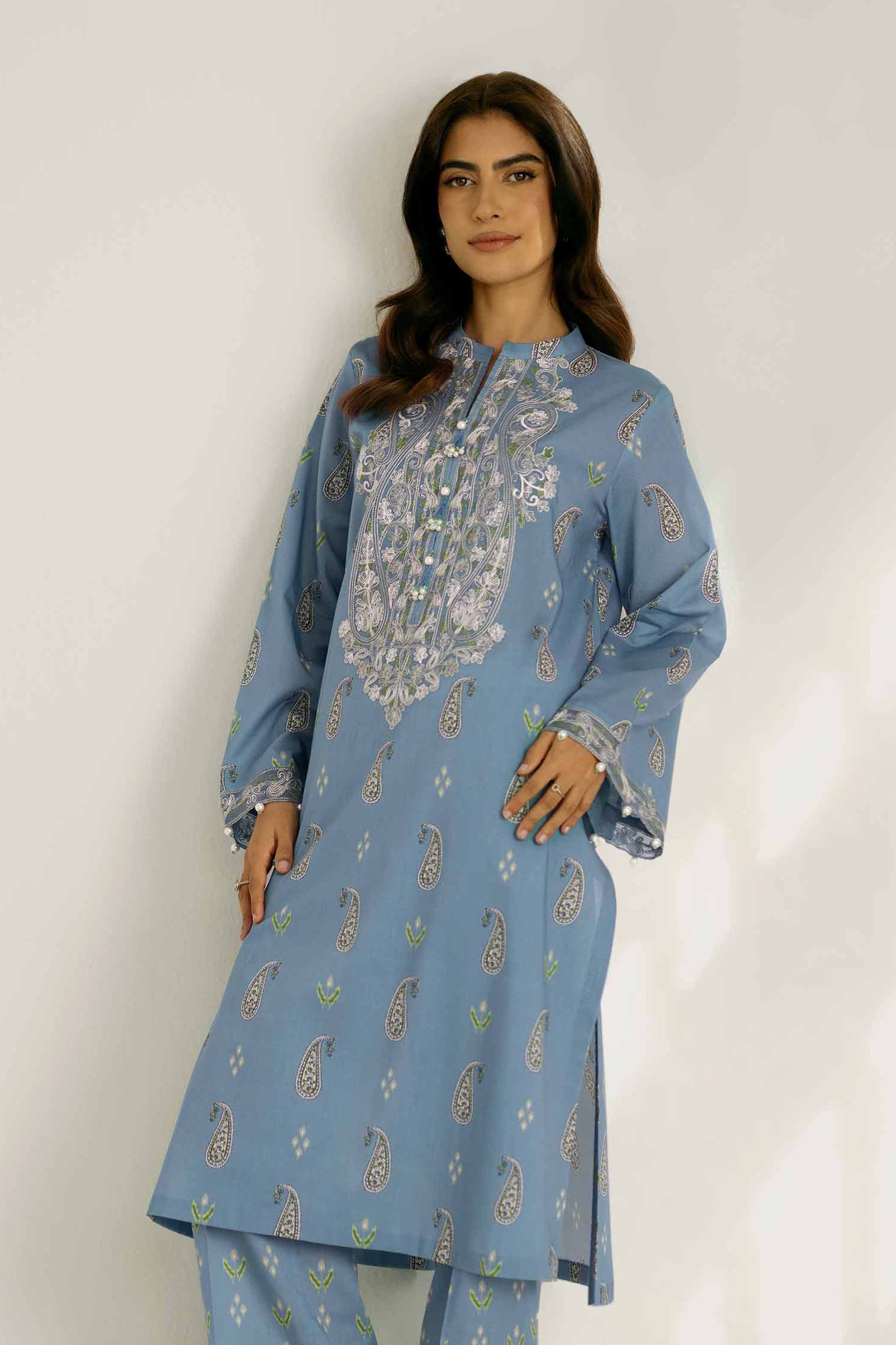 2 Piece - Printed Embroidered Suit - 42502358 Unstitched Blue Cambric 2PC Embroidered