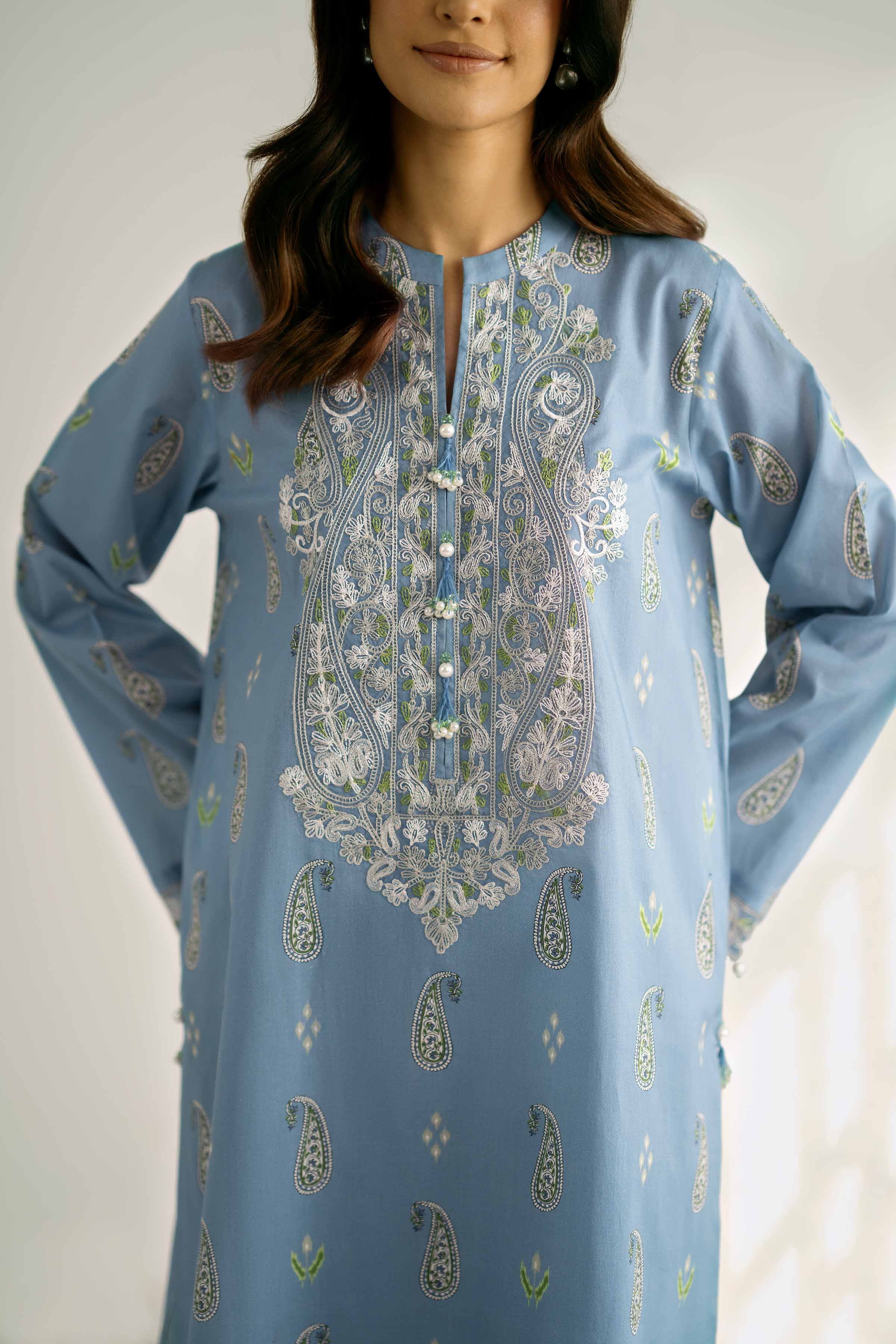 2 Piece - Printed Embroidered Suit - 42502358 Unstitched Blue Cambric 2PC Embroidered