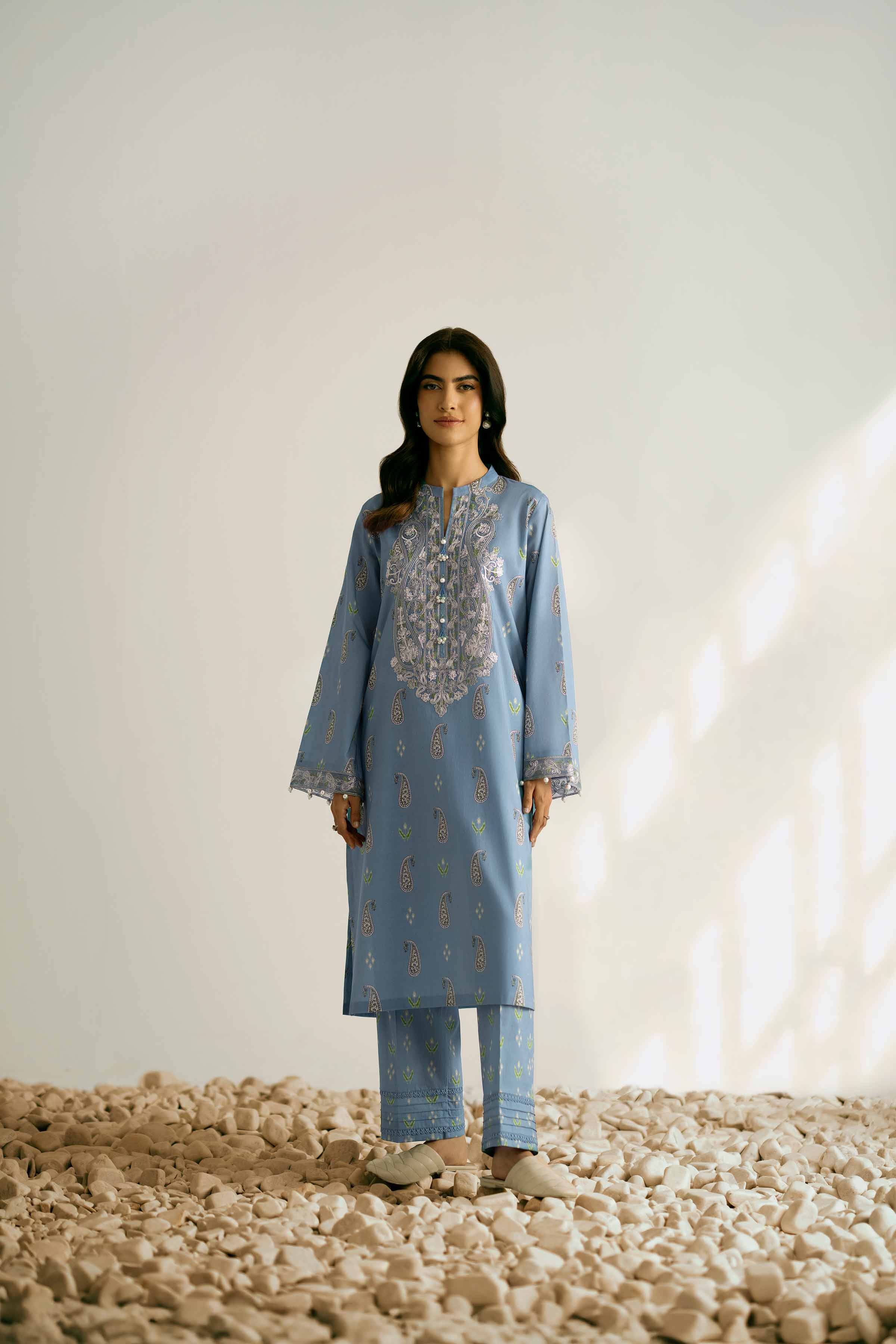2 Piece - Printed Embroidered Suit - 42502358 Unstitched Blue Cambric 2PC Embroidered