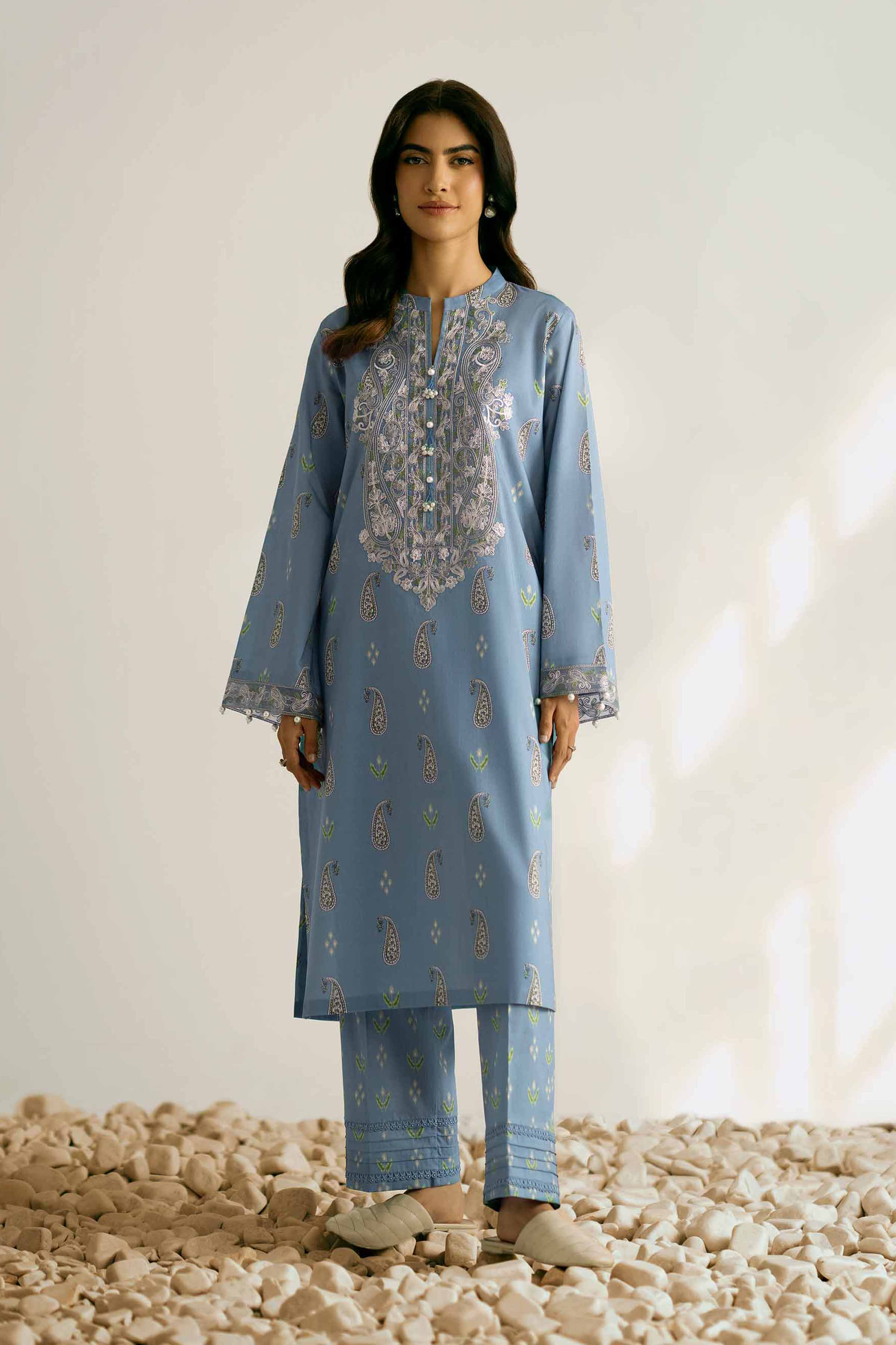 2 Piece - Printed Embroidered Suit - 42502358 Unstitched Blue Cambric 2PC Embroidered