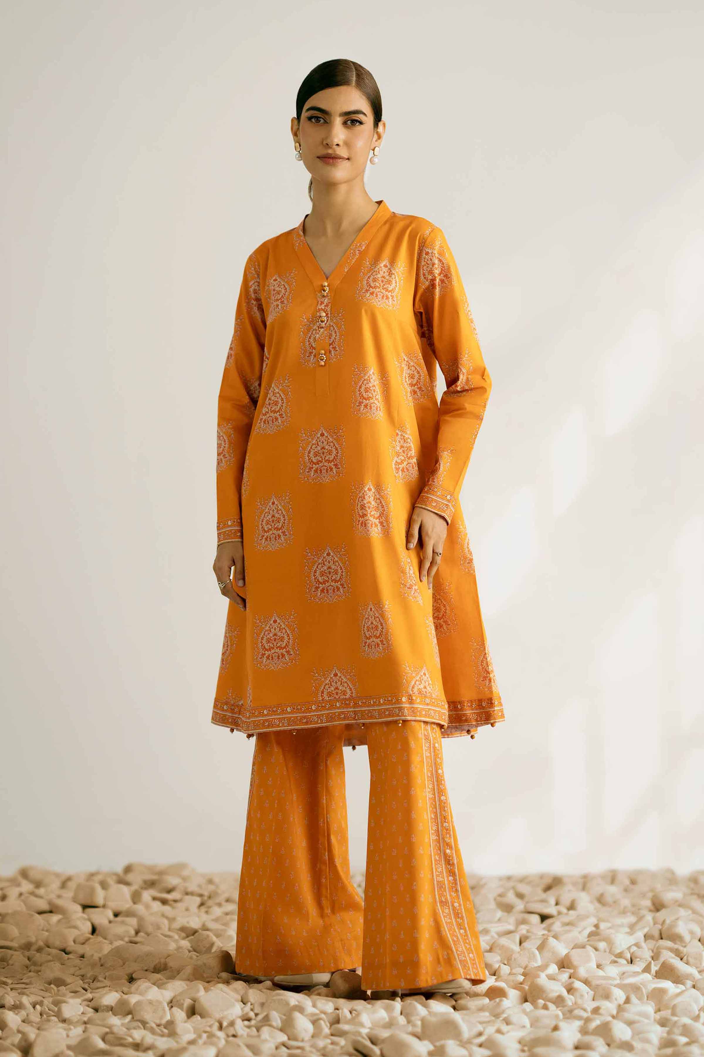 2 Piece - Printed Suit - 42502360 Unstitched Orange Cambric 2PC Printed