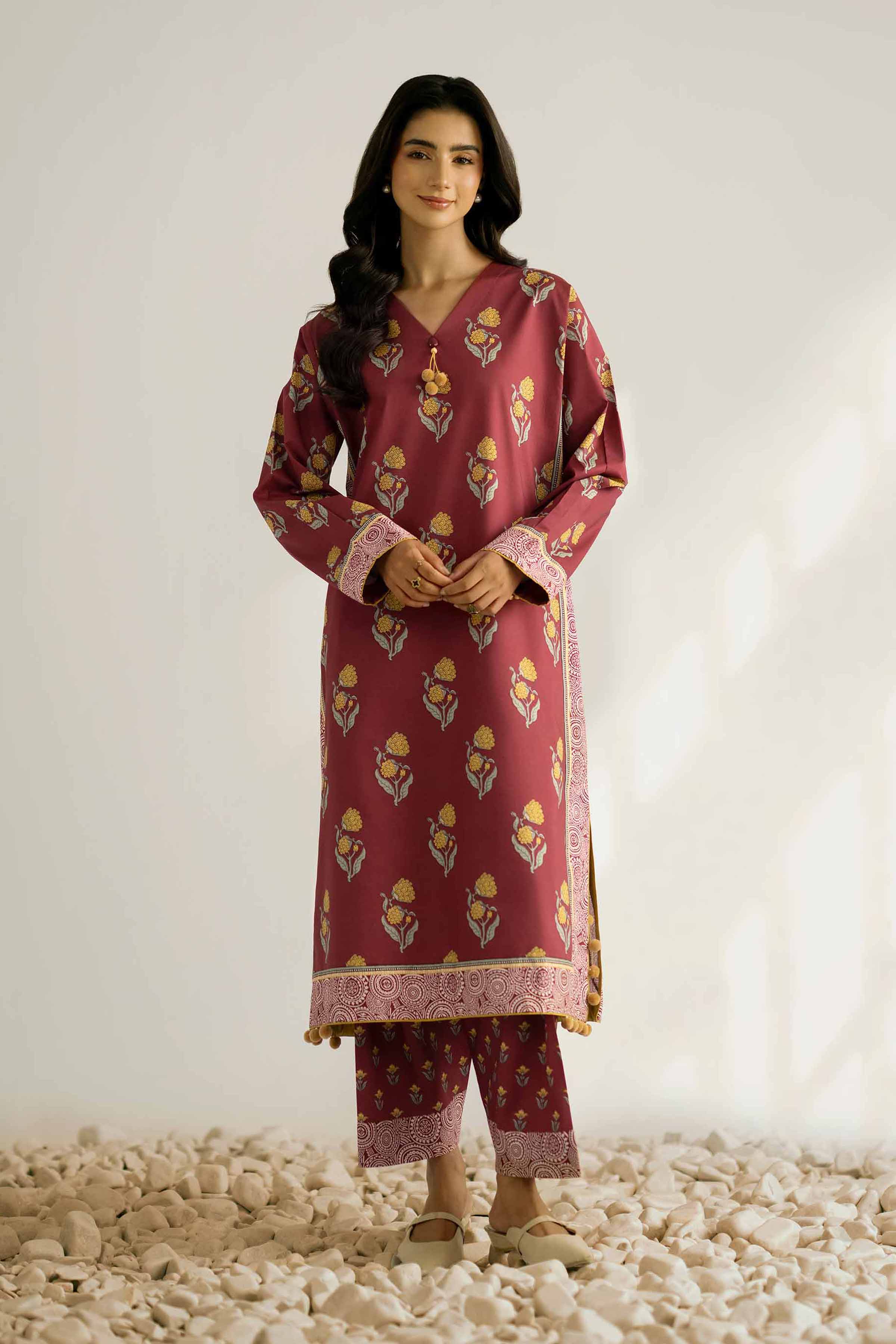 2 Piece - Printed Suit - 42502362 Unstitched Maroon Cambric 2PC Printed