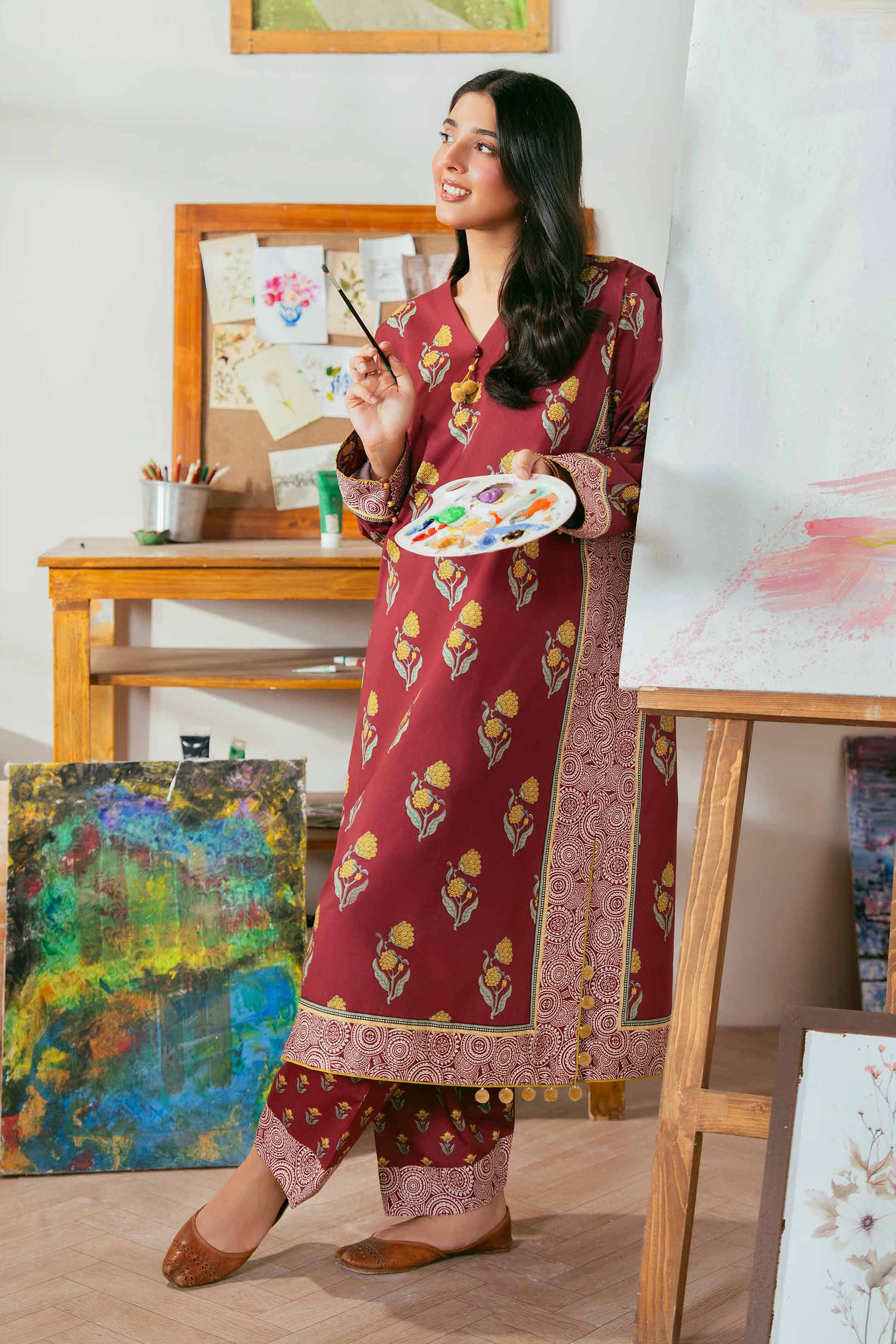 2 Piece - Printed Suit - 42502362 Unstitched Maroon Cambric 2PC Printed
