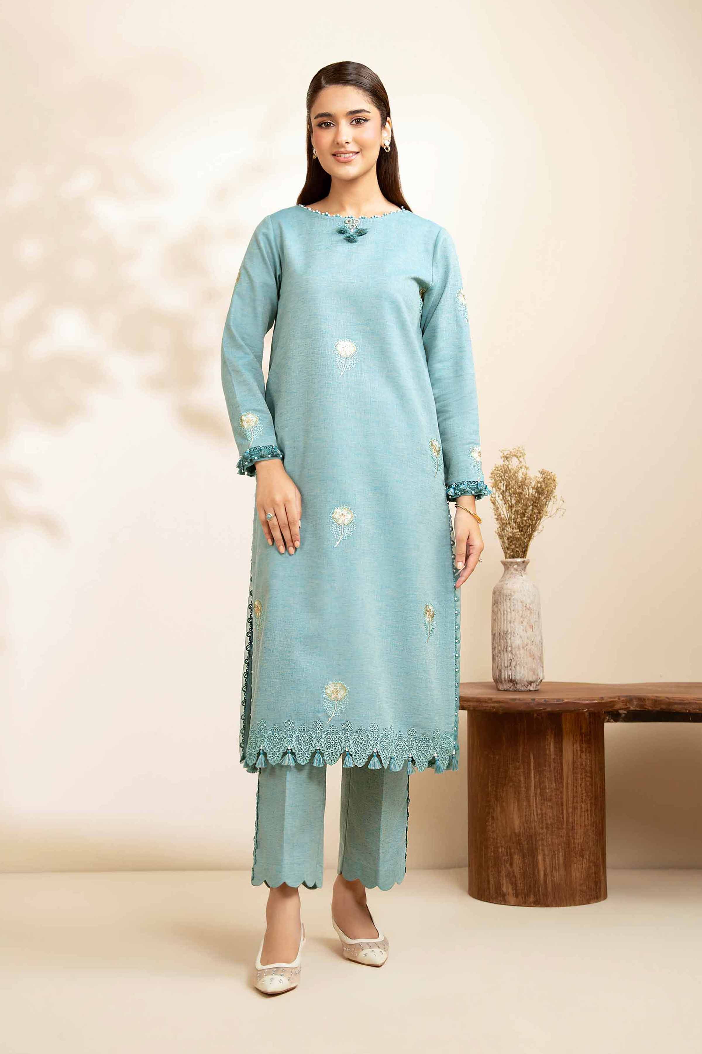 2 Piece - Embroidered Suit - 42502475 Unstitched Blue Linen 2PC Embroidered