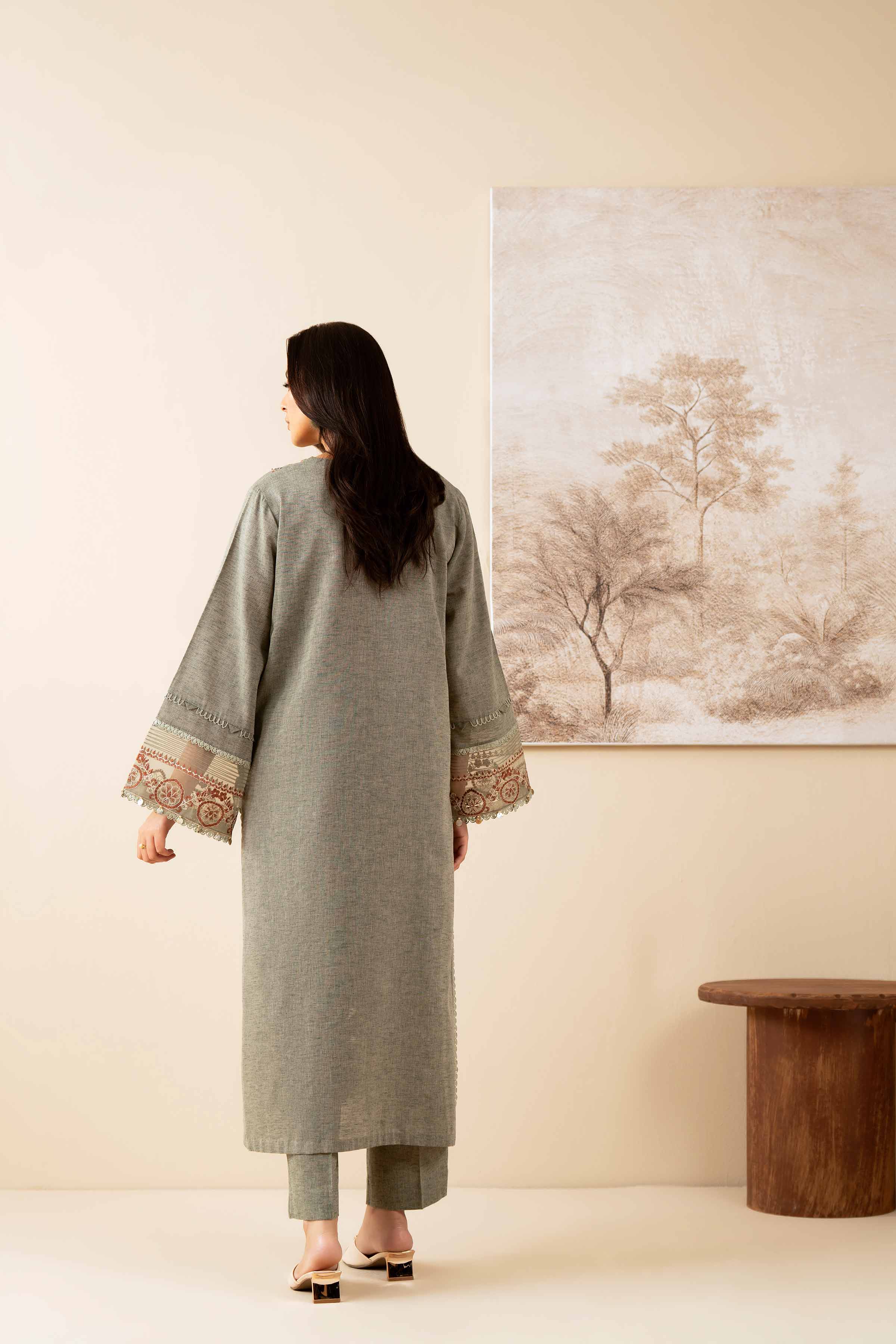 2 Piece - Embroidered Suit - 42502714 Unstitched Beige Linen 2PC Embroidered