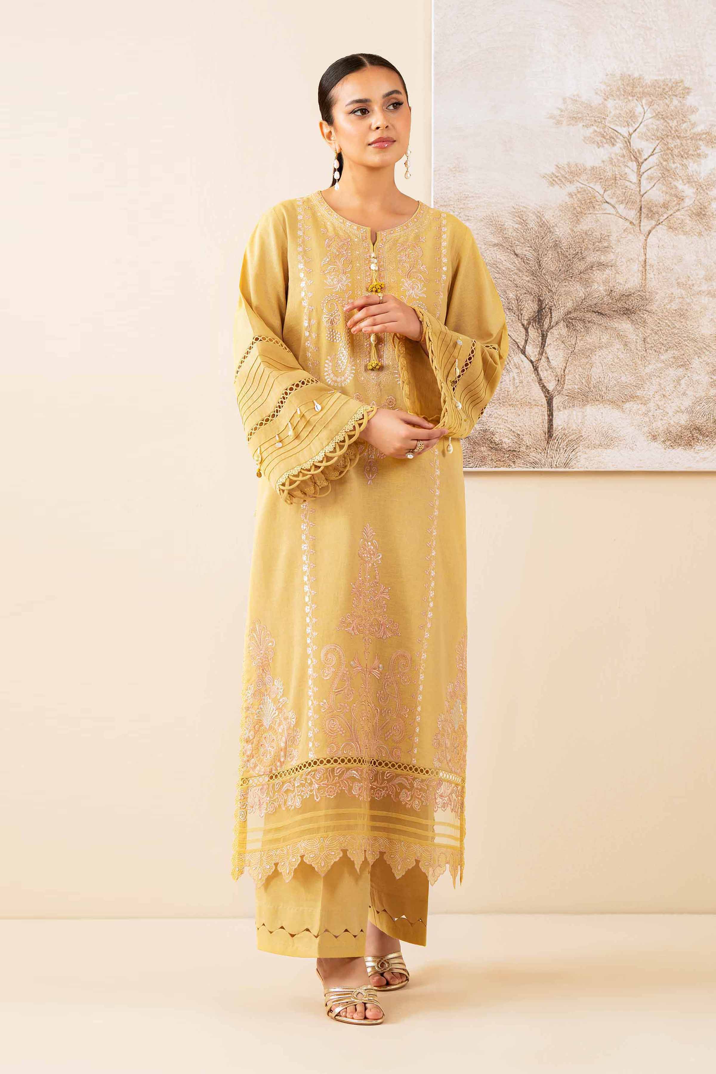 2 Piece - Embroidered Suit - 42502715 Unstitched Yellow Linen 2PC Embroidered