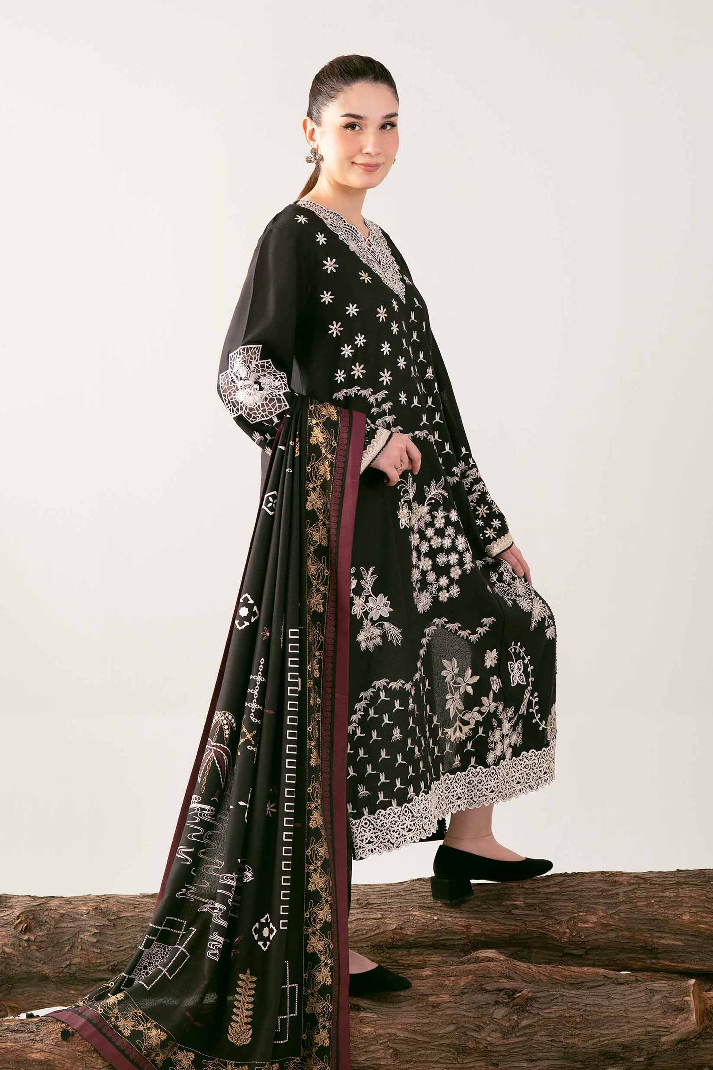 3 Piece - Printed Embroidered Suit - 42502744 Unstitched Black Karandi 3PC Embroidered