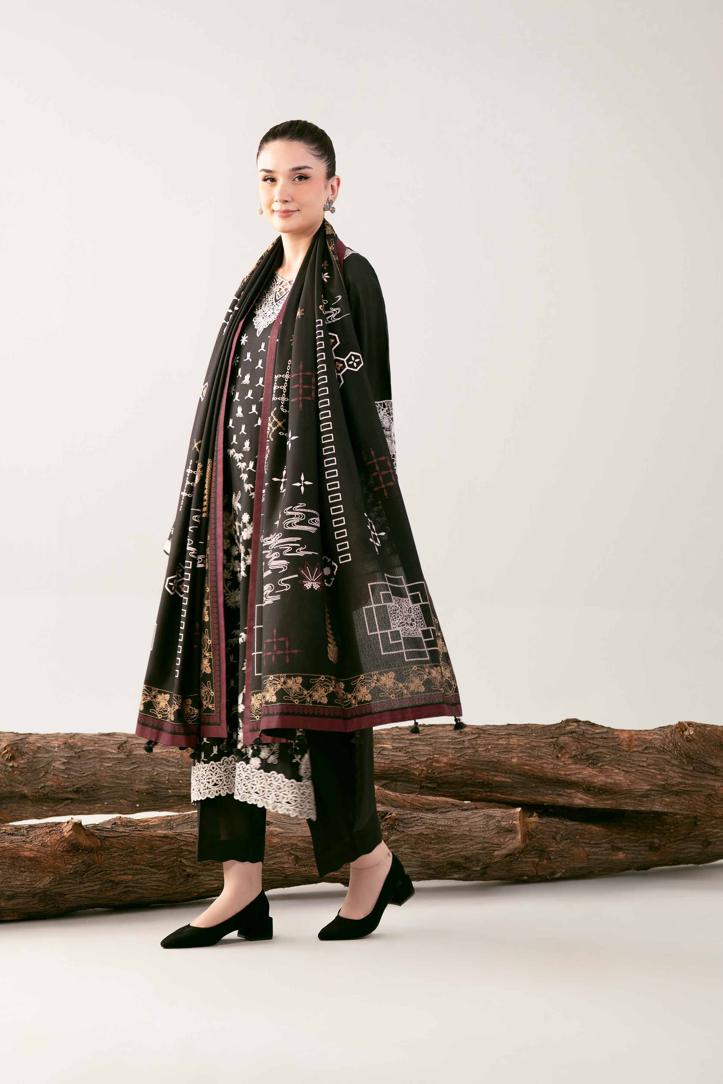 3 Piece - Printed Embroidered Suit - 42502744 Unstitched Black Karandi 3PC Embroidered