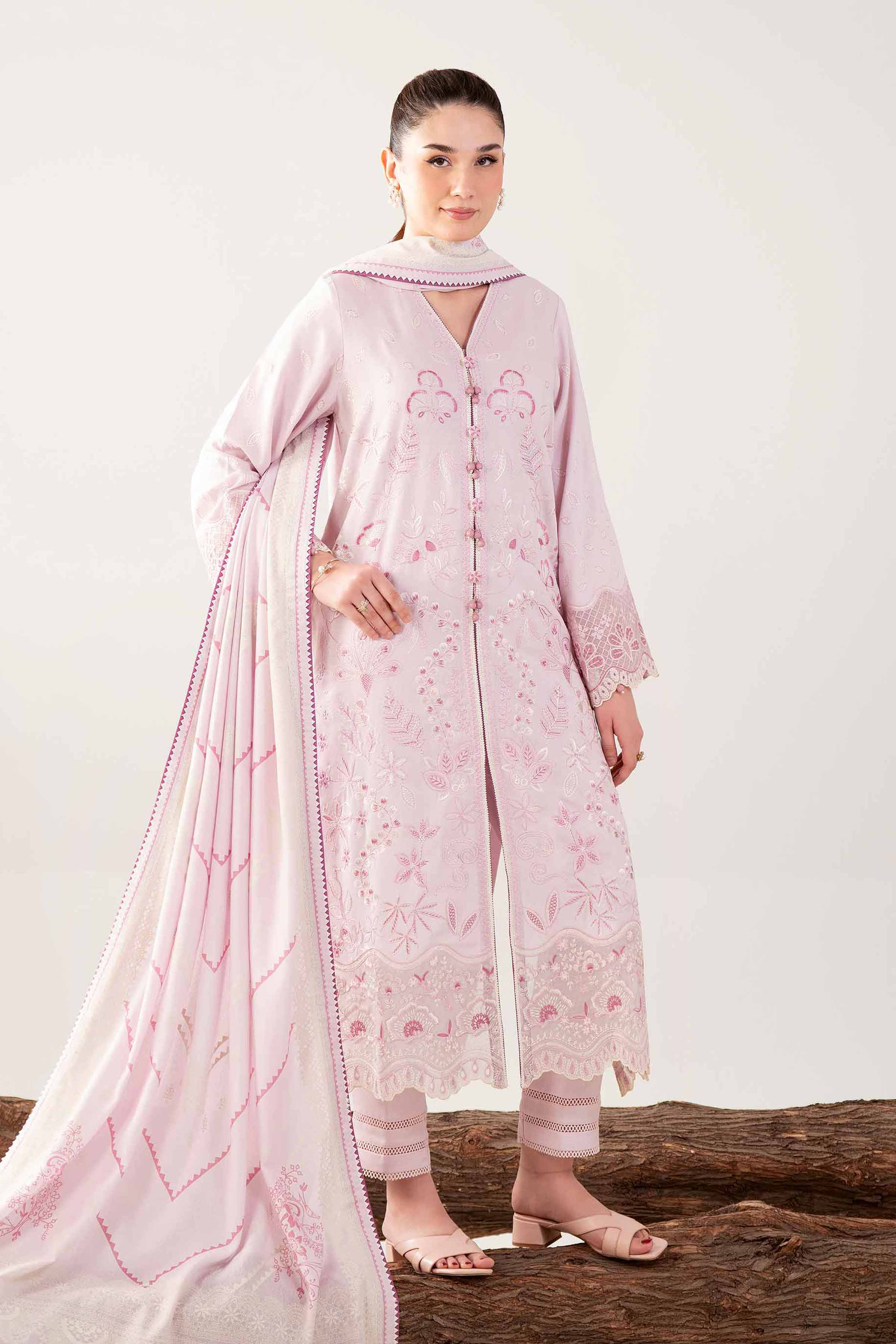 3 Piece - Printed Embroidered Suit - 42502745 Unstitched Pink Karandi 3PC Embroidered