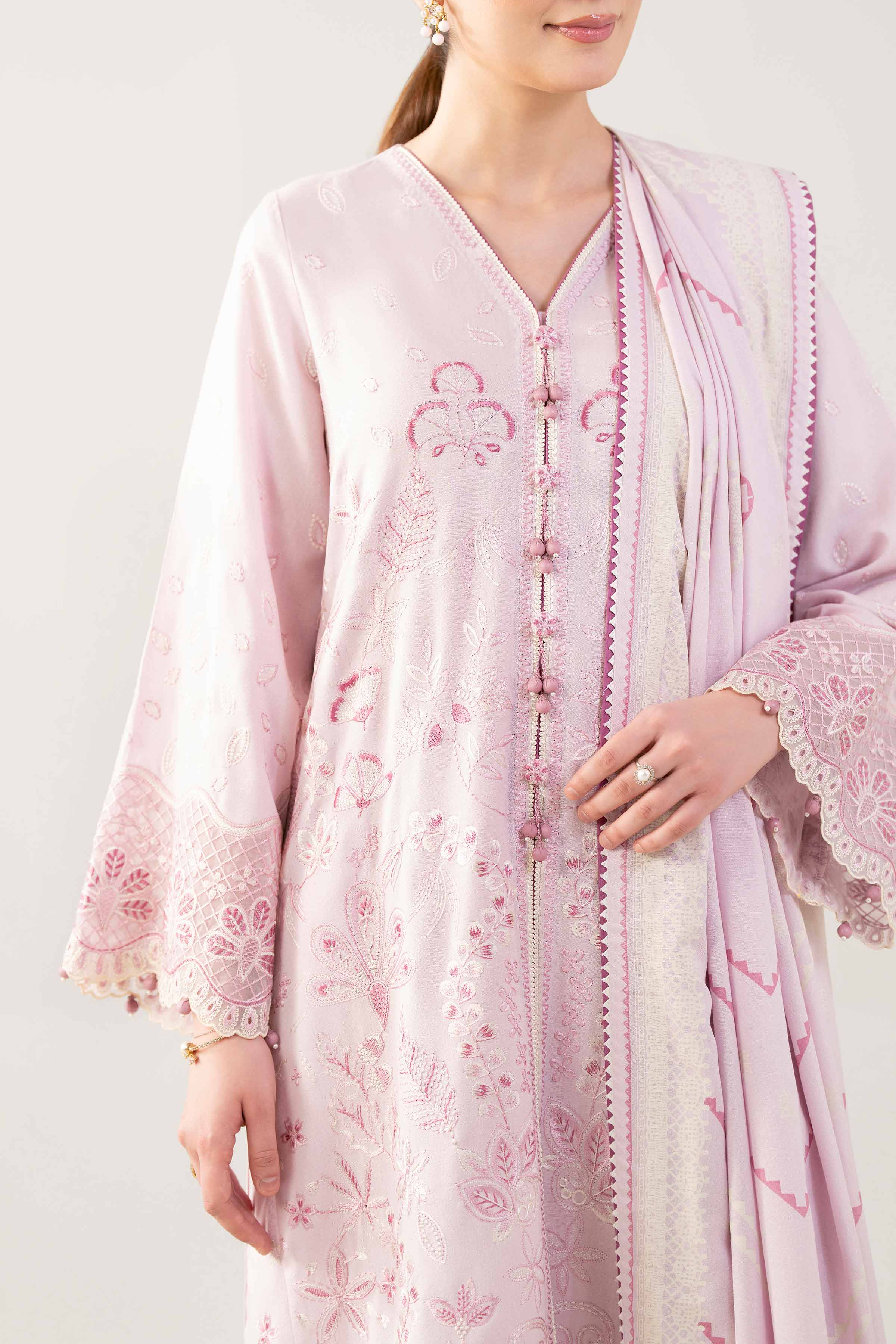 3 Piece - Printed Embroidered Suit - 42502745 Unstitched Pink Karandi 3PC Embroidered