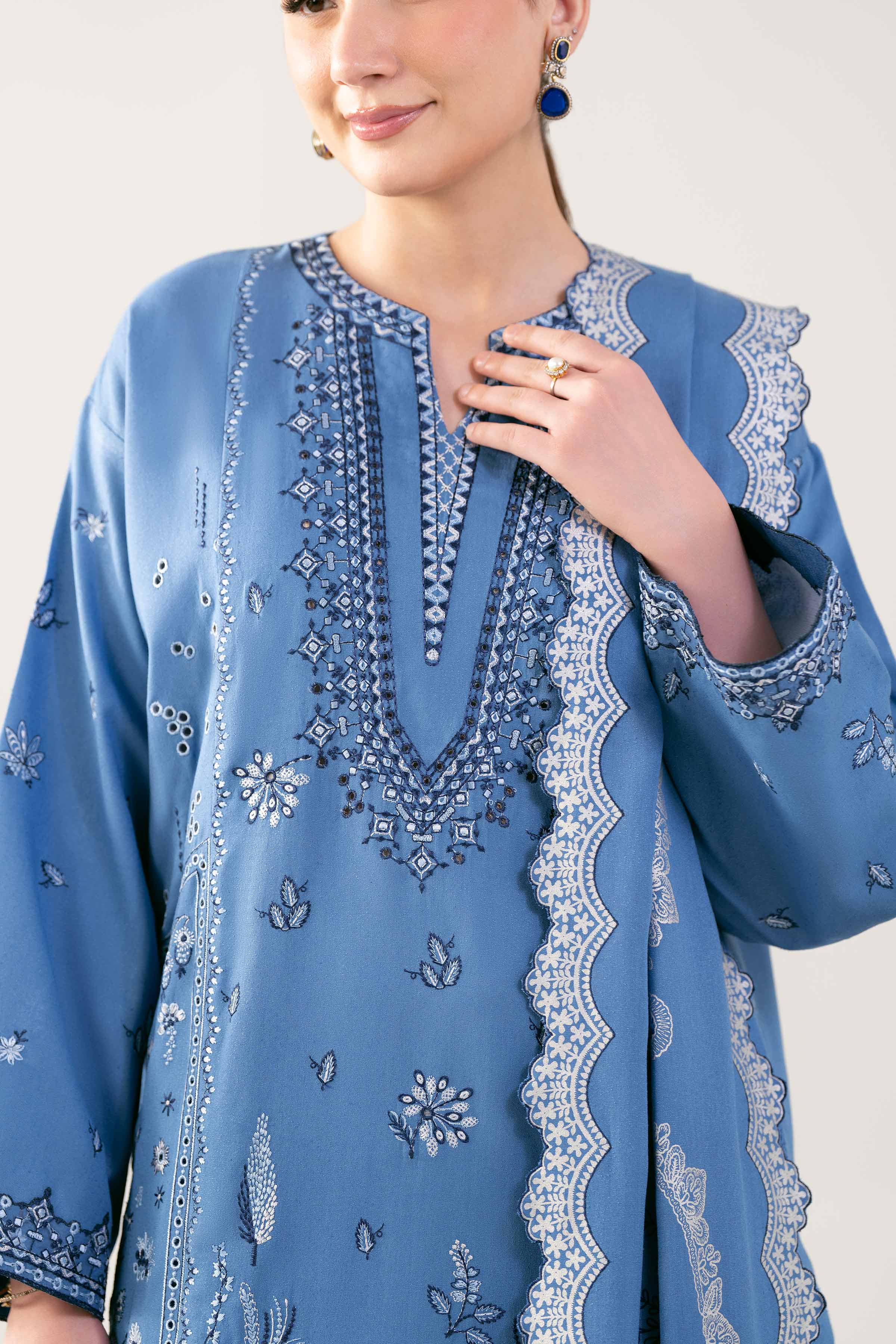 3 Piece - Printed Embroidered Suit - 42502747 Unstitched Blue Karandi 3PC Embroidered
