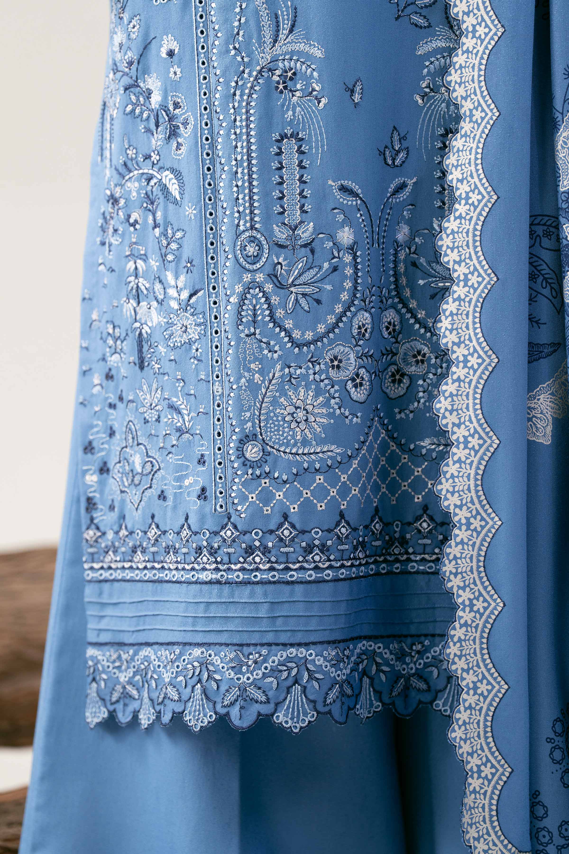 3 Piece - Printed Embroidered Suit - 42502747 Unstitched Blue Karandi 3PC Embroidered