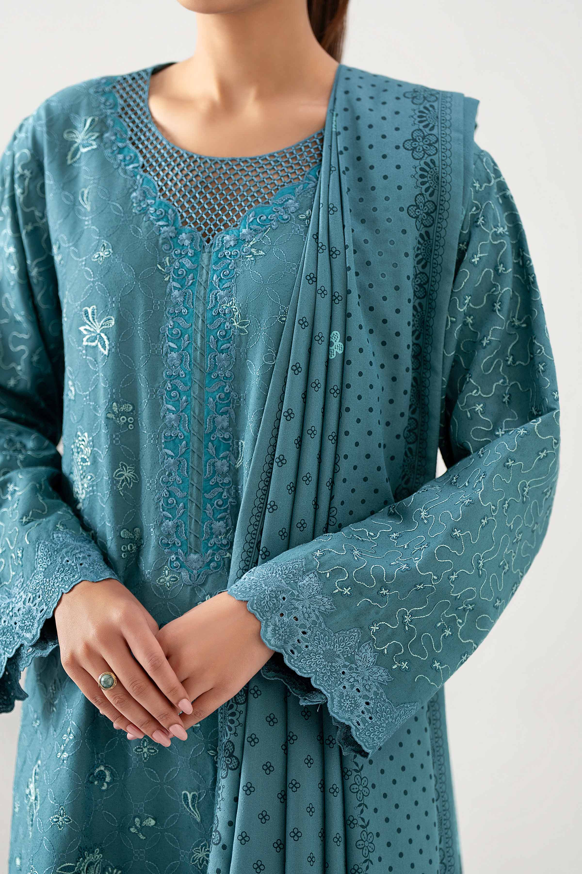 3 Piece - Printed Embroidered Suit - 42502748 Unstitched Blue Karandi 3PC Embroidered