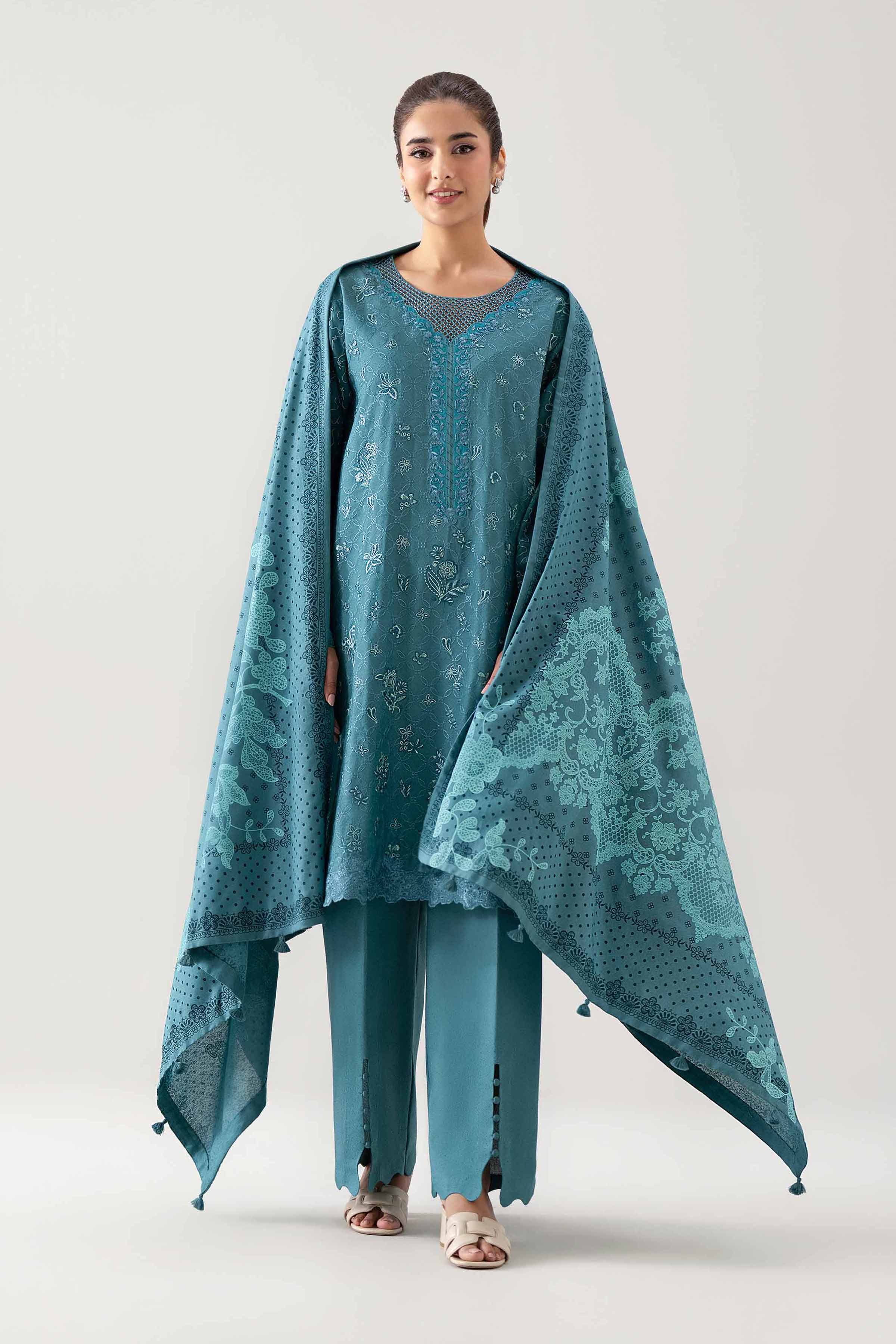 3 Piece - Printed Embroidered Suit - 42502748 Unstitched Blue Karandi 3PC Embroidered