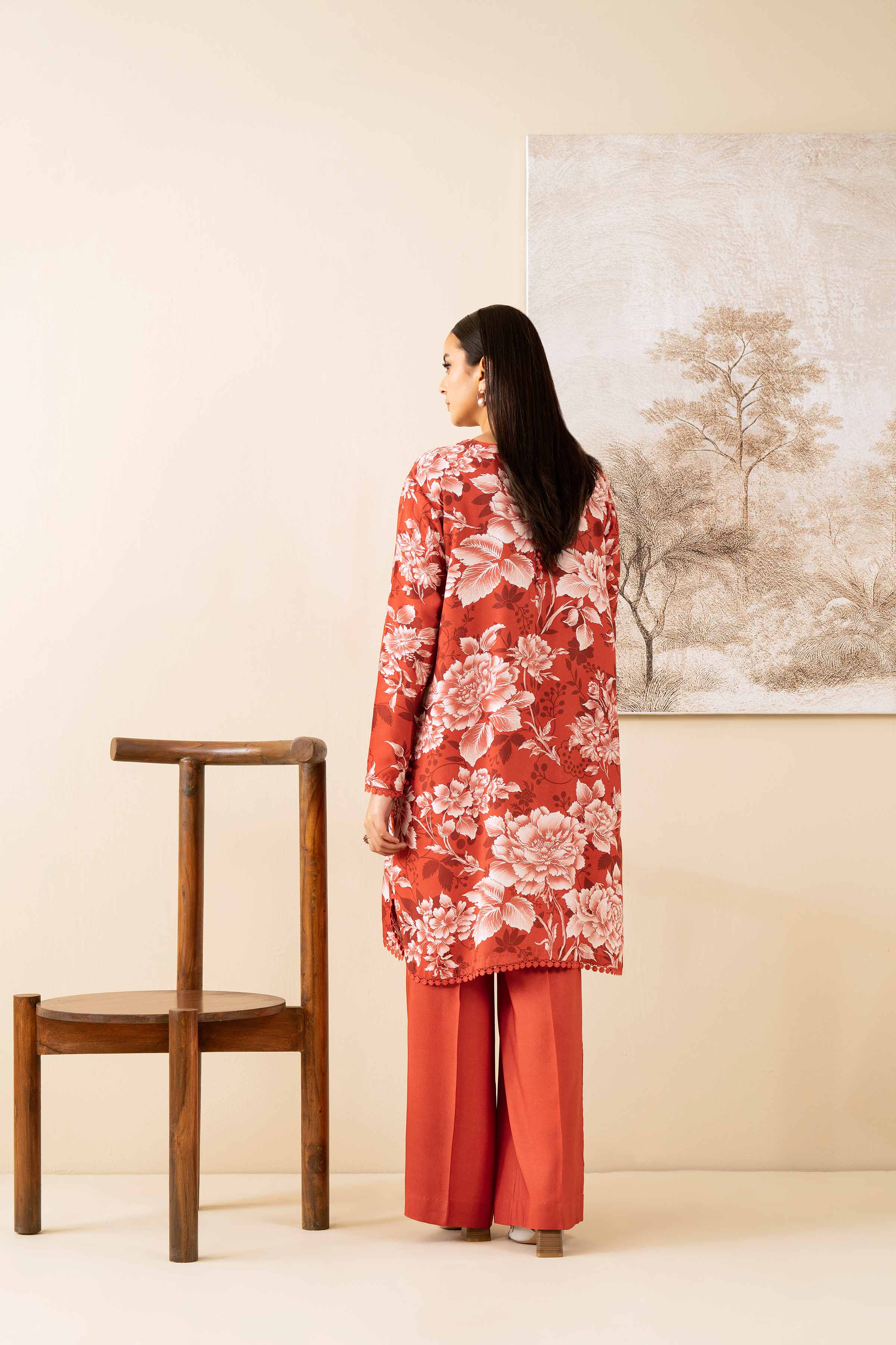 2 Piece - Printed Suit - 42502780 Unstitched Orange Linen 2PC Printed