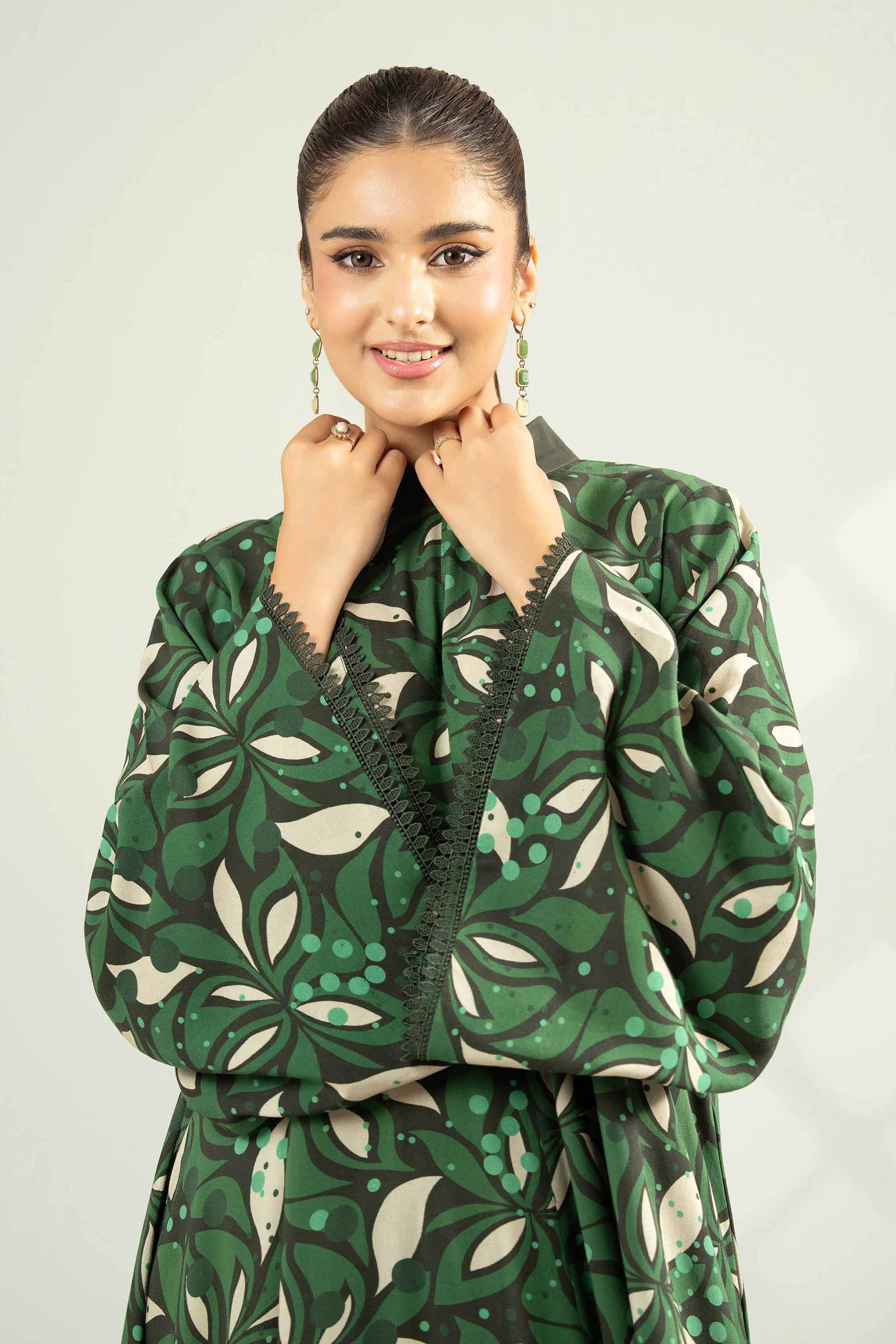2 Piece - Printed Suit - 42502784 Unstitched Green Linen 2PC Printed