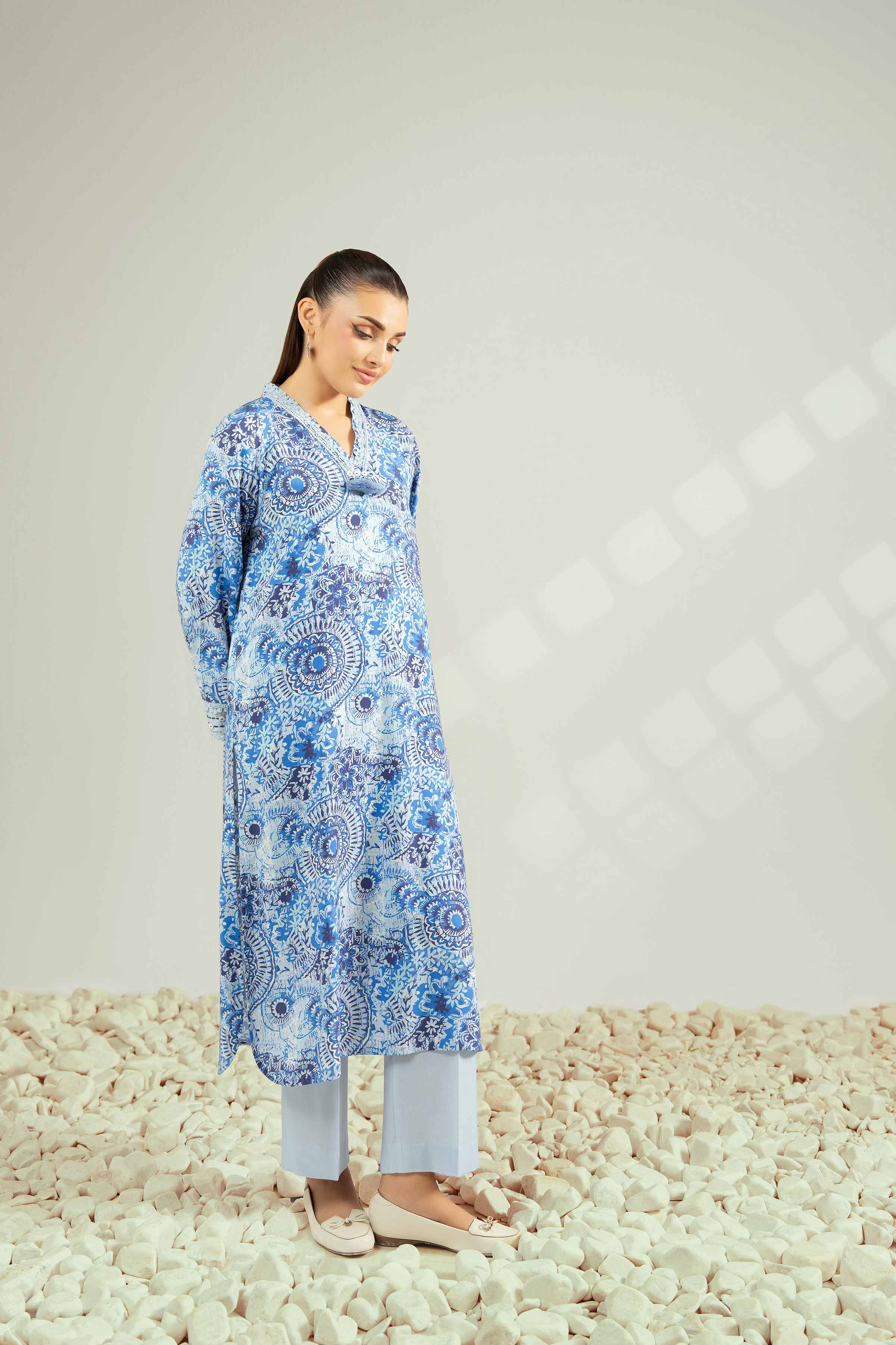 2 Piece - Printed Suit - 42502785 Unstitched Blue Linen 2PC Printed