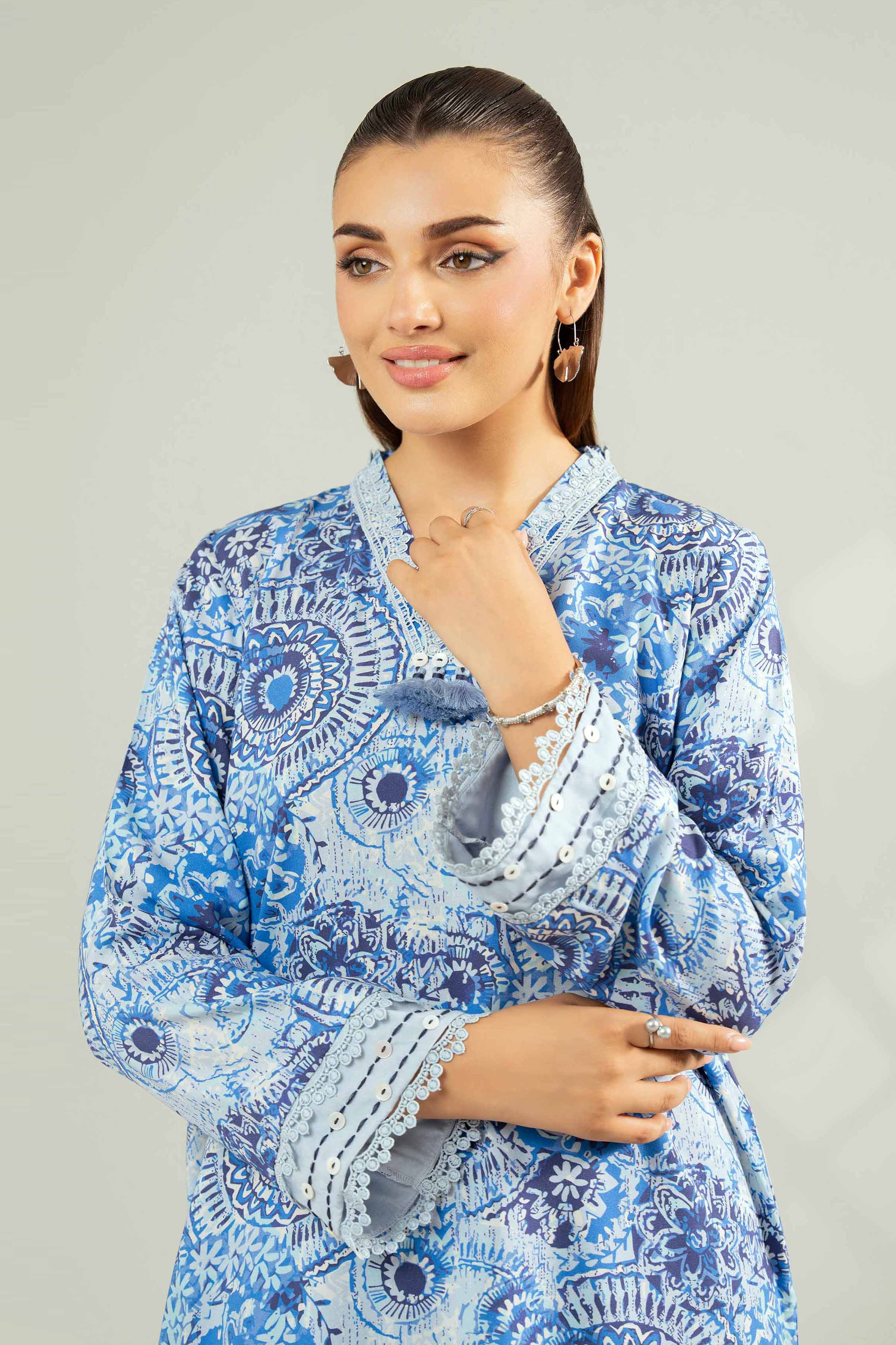 2 Piece - Printed Suit - 42502785 Unstitched Blue Linen 2PC Printed